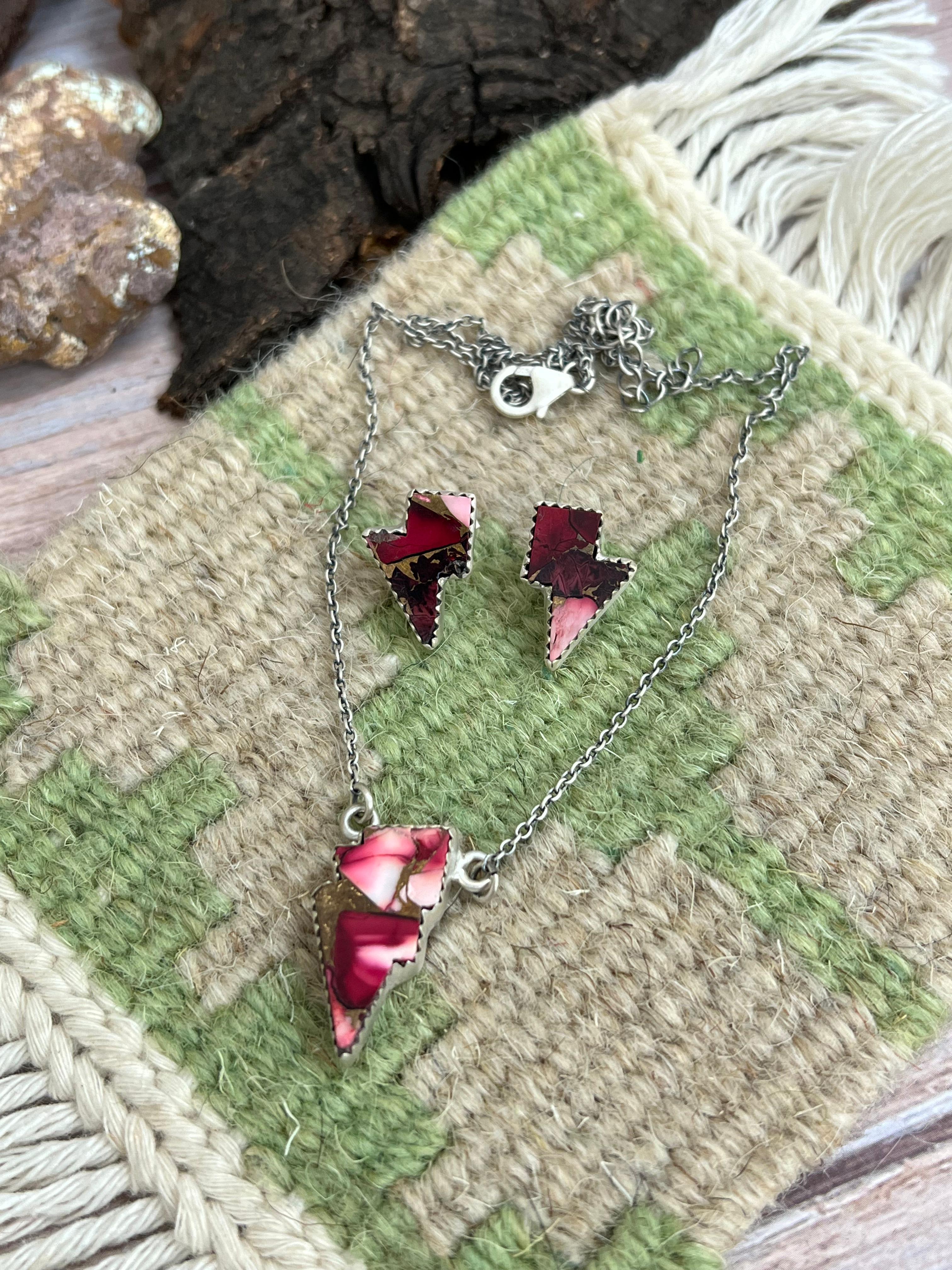 Handmade Sterling Silver Dahlia Rose Lightning Bolt Necklace Earrings Set, Signed Nizhoni (9)