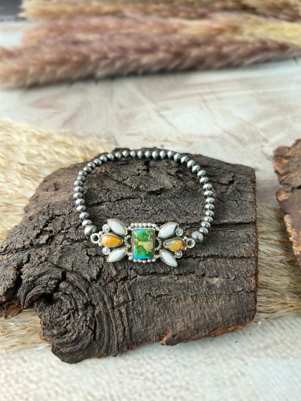 Handmade Sterling Silver Sonoran Mountain Turquoise with Bumblebee and White Buffalo Spring Collection: Stretchy Beaded Bracelet Signed Nizhoni