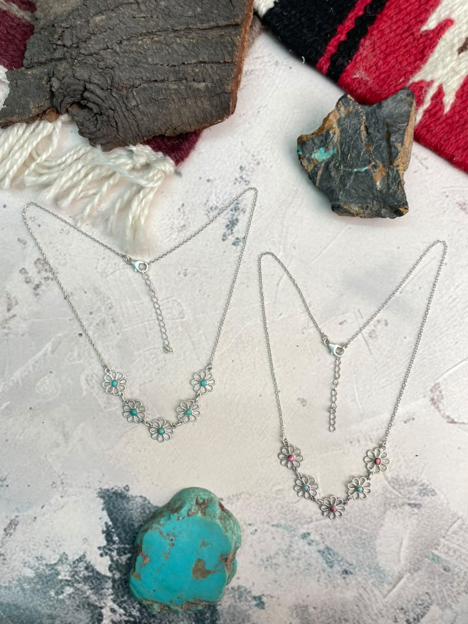 Handmade Sterling Silver Cotton Candy and Kingman Turquoise Flower Collection: Necklace