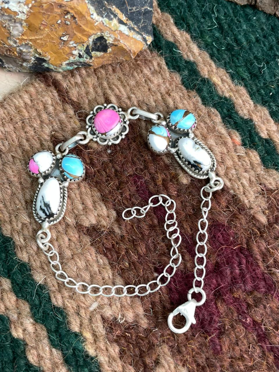 Handmade Sterling Silver Cotton Candy with White Buffalo Chain Bracelet "Signed Nizhoni"