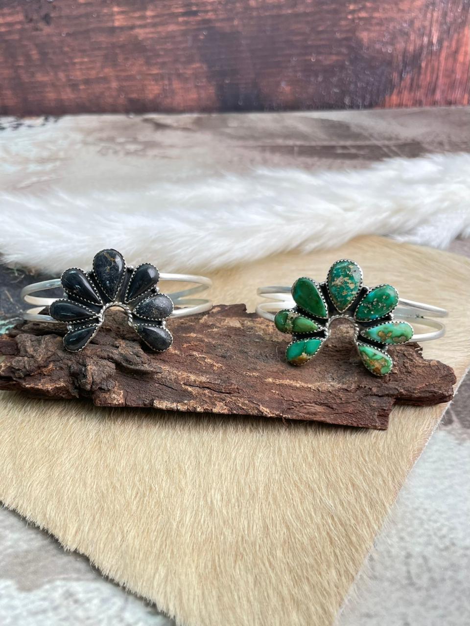 Handmade Sterling Silver Sonoran and Blackjack Turquoise Bracelet "Signed Nizhoni"