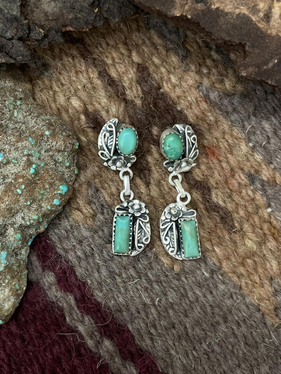 Handmade Sterling Silver Kingman Turquoise Post Earrings "Signed Nizhoni"