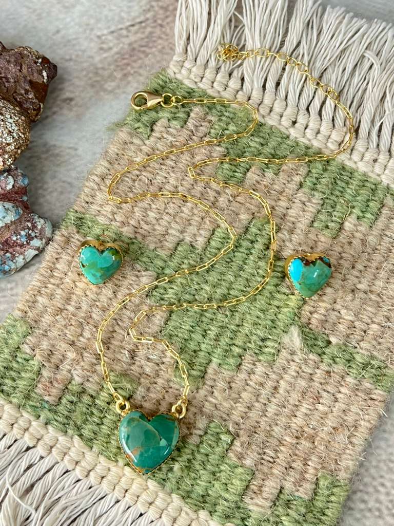 “The Golden Collection” Handmade Gold Plated Kingman Turquoise Necklace Earrings HEART Set