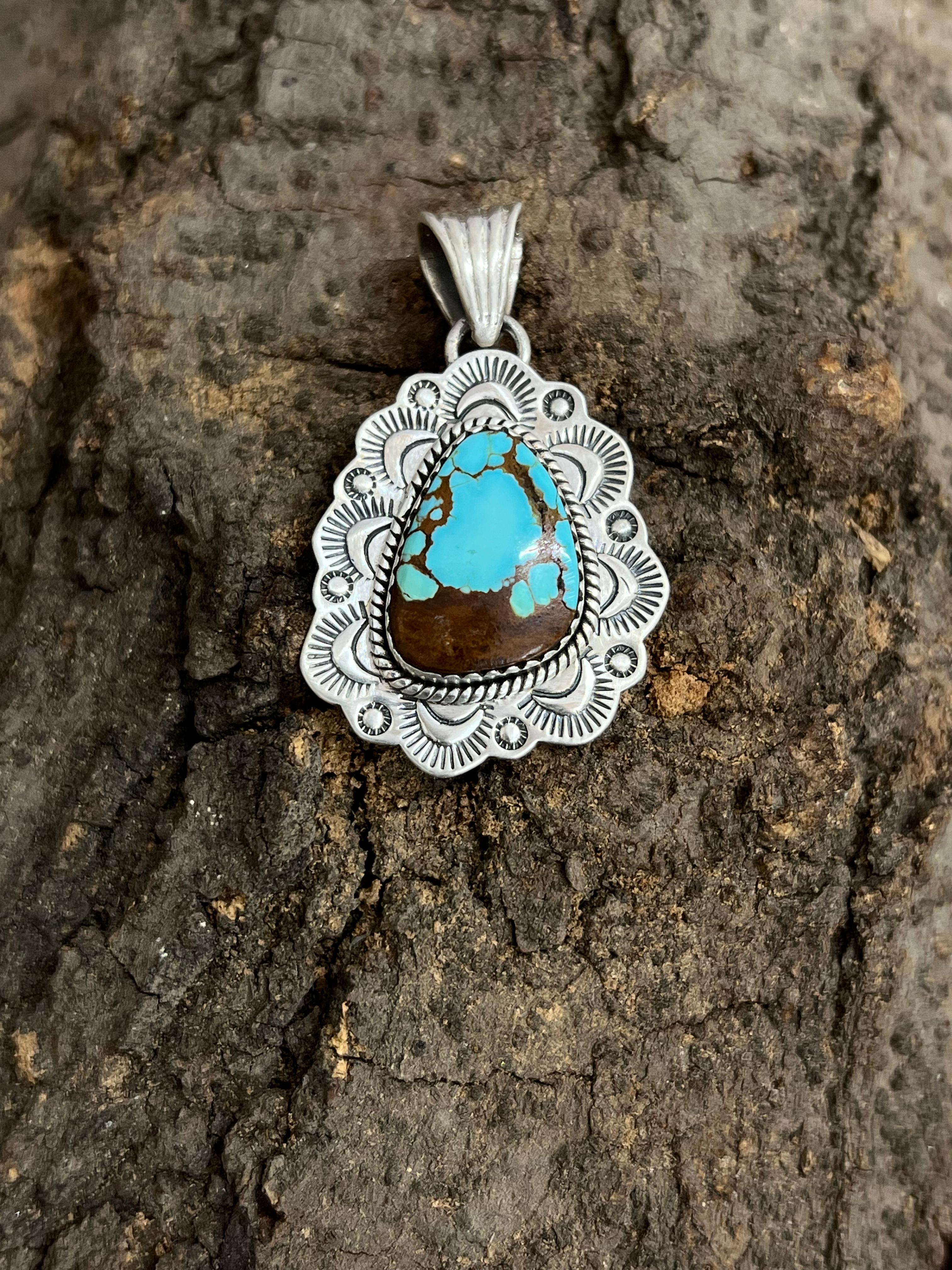 Handmade Sterling Silver Number 8 Turquoise Pendant with Signed Nizhoni