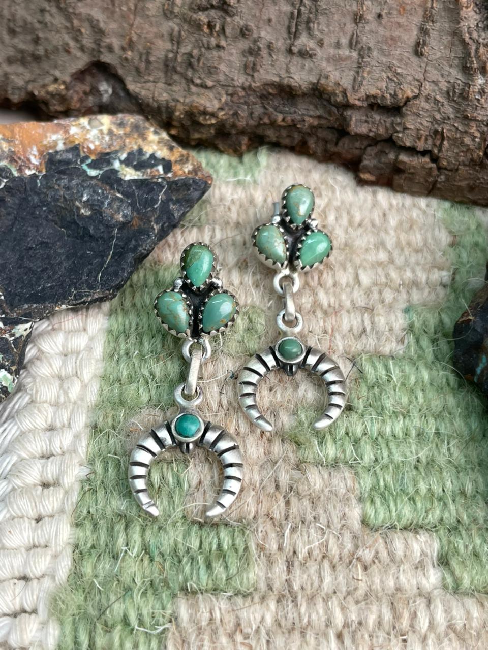 Handmade Sterling Silver Kingman Turquoise Post Dangle Earrings "Signed Nizhoni"