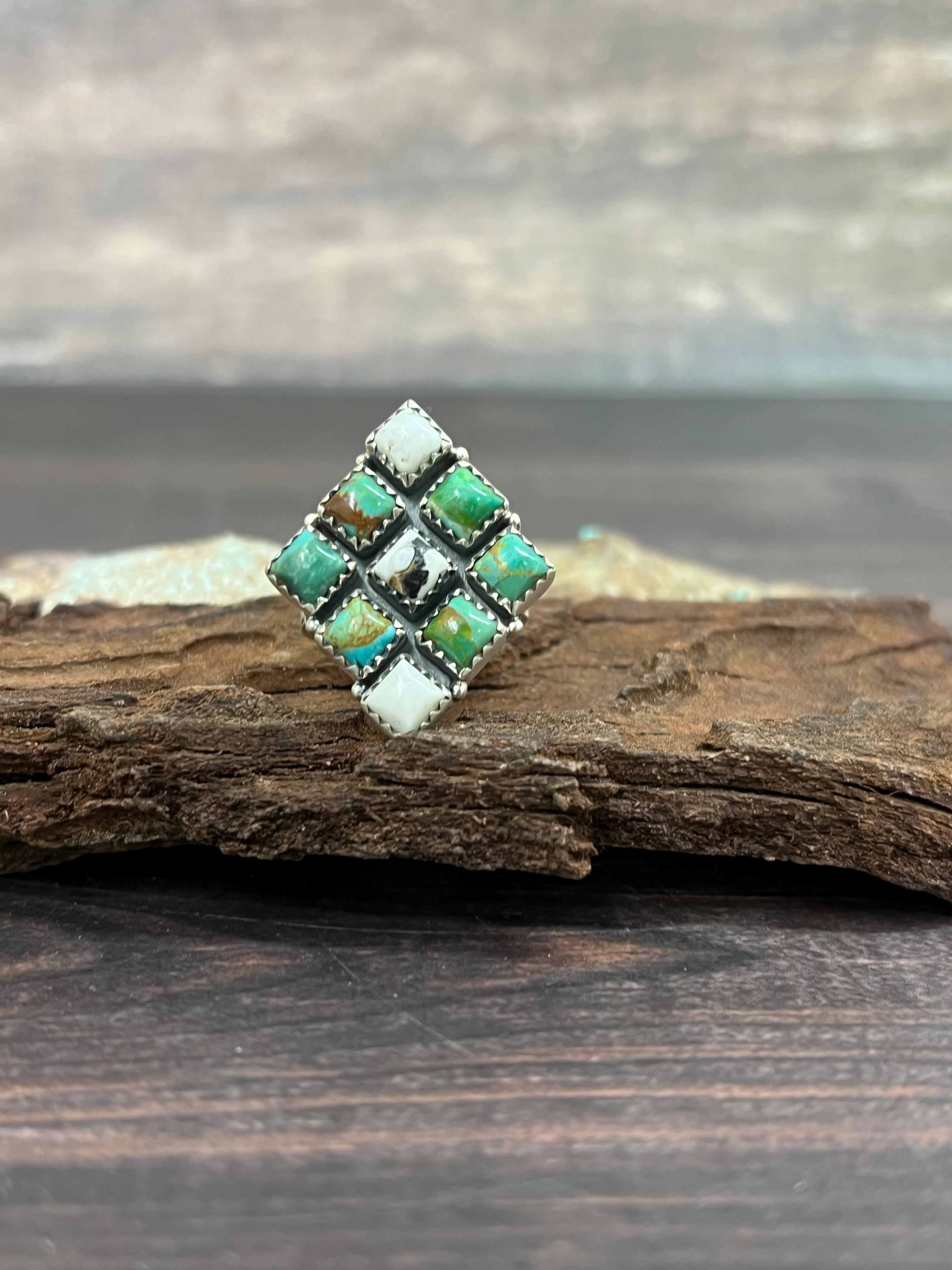 Handmade Sterling Silver Kingman with White Buffalo Turquoise Adjustable Ring with Signed Nizhoni