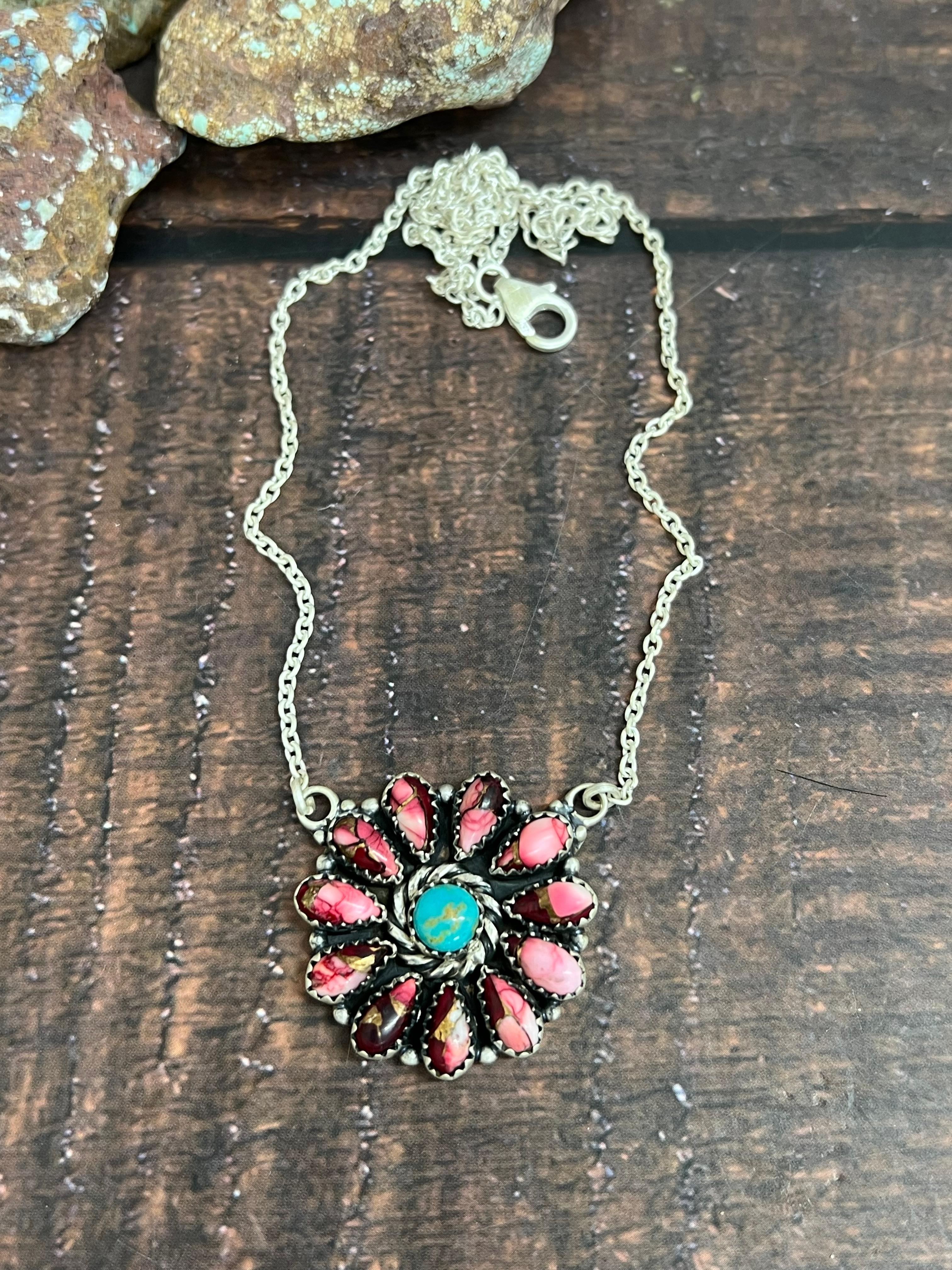 Handmade Sterling Silver Dahlia Rose, Kingman Turquoise Necklace with Signed Nizhoni