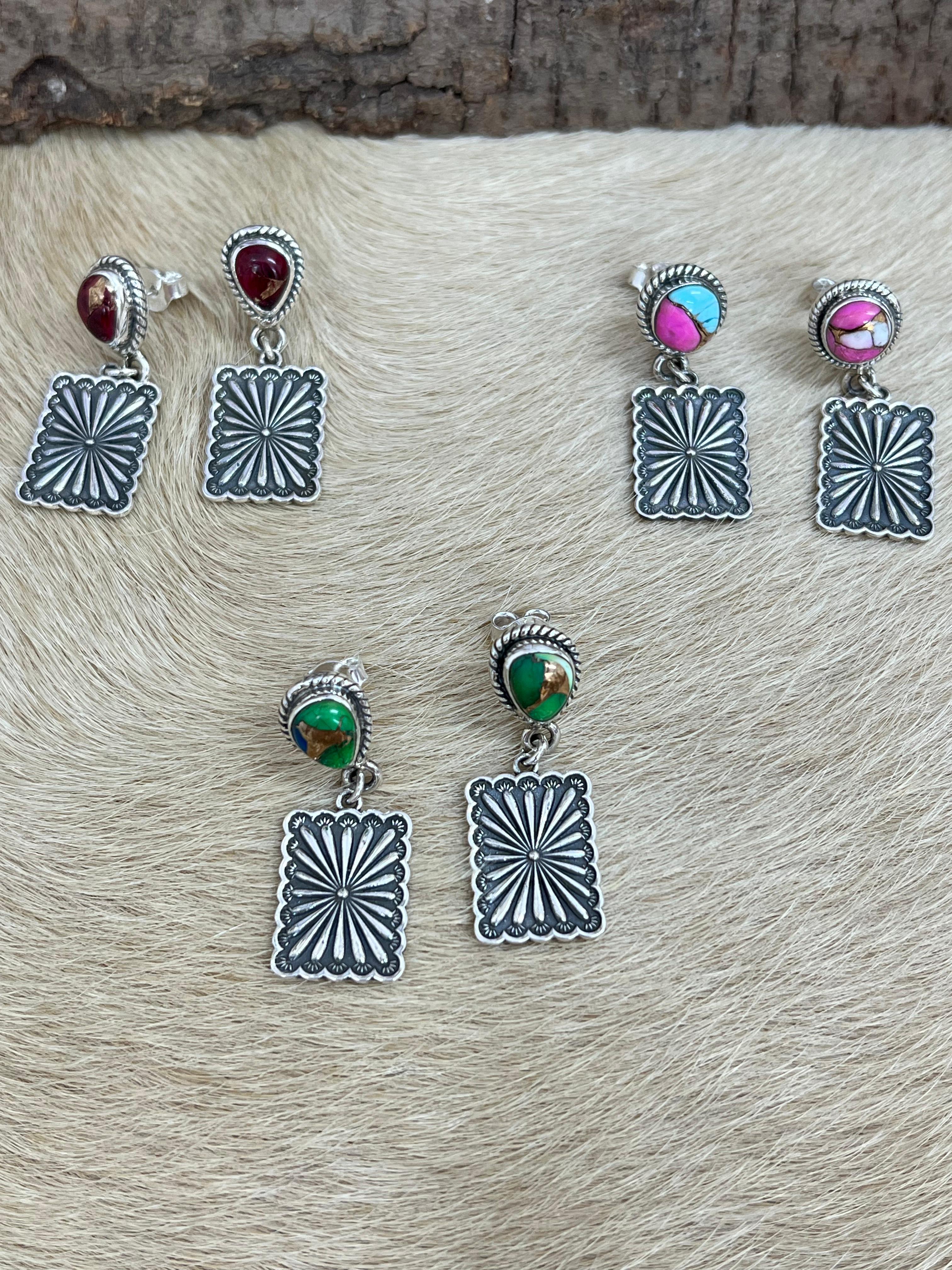 Handmade Sterling Silver Peacock Dahlia, Cotton Candy, Dahlia Rose Dangle Earrings, Signed Nizhoni (3)