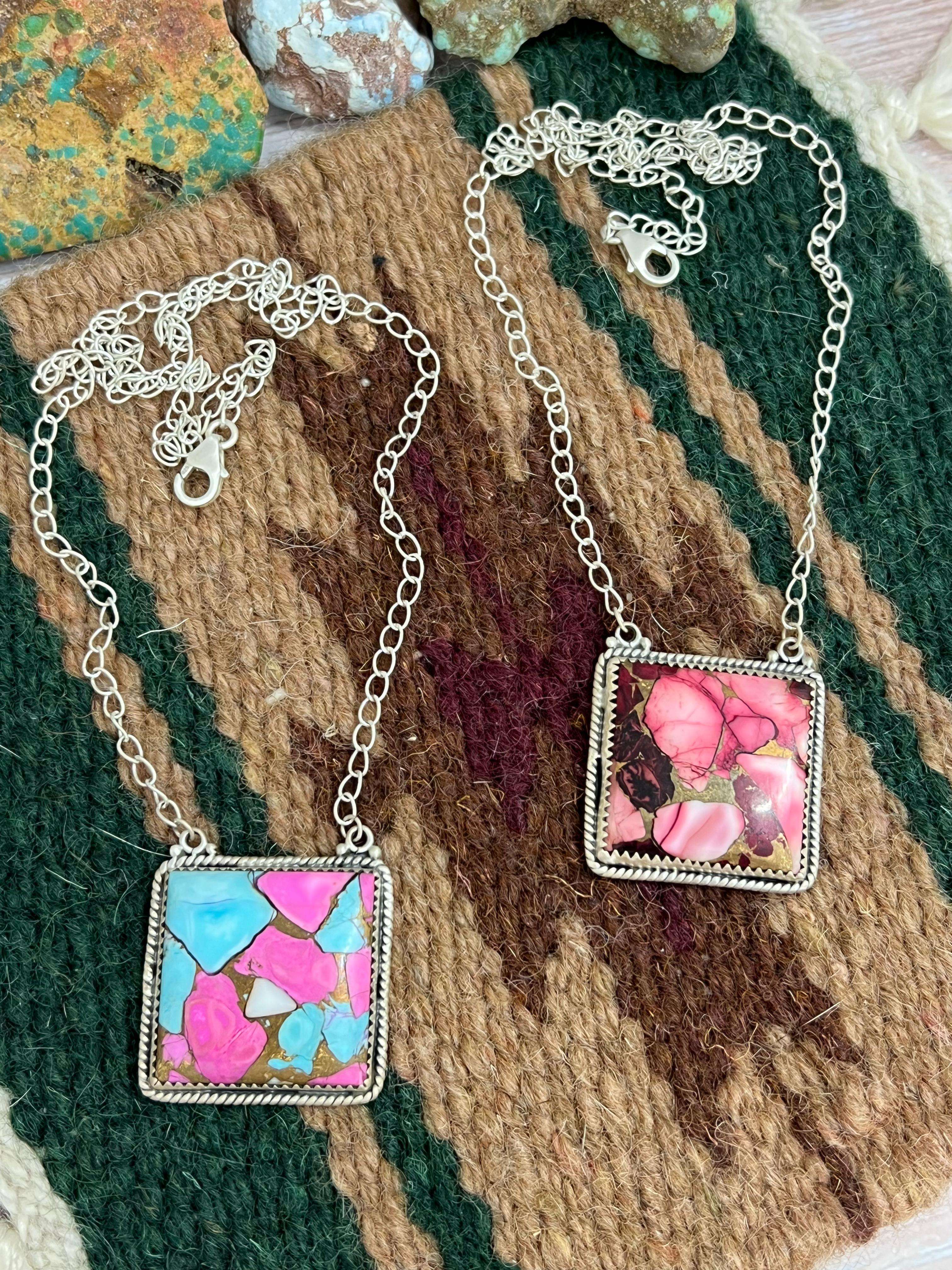 Handmade Sterling Silver Dahlia Rose, Cotton Candy Turquoise Necklace with Signed Nizhoni