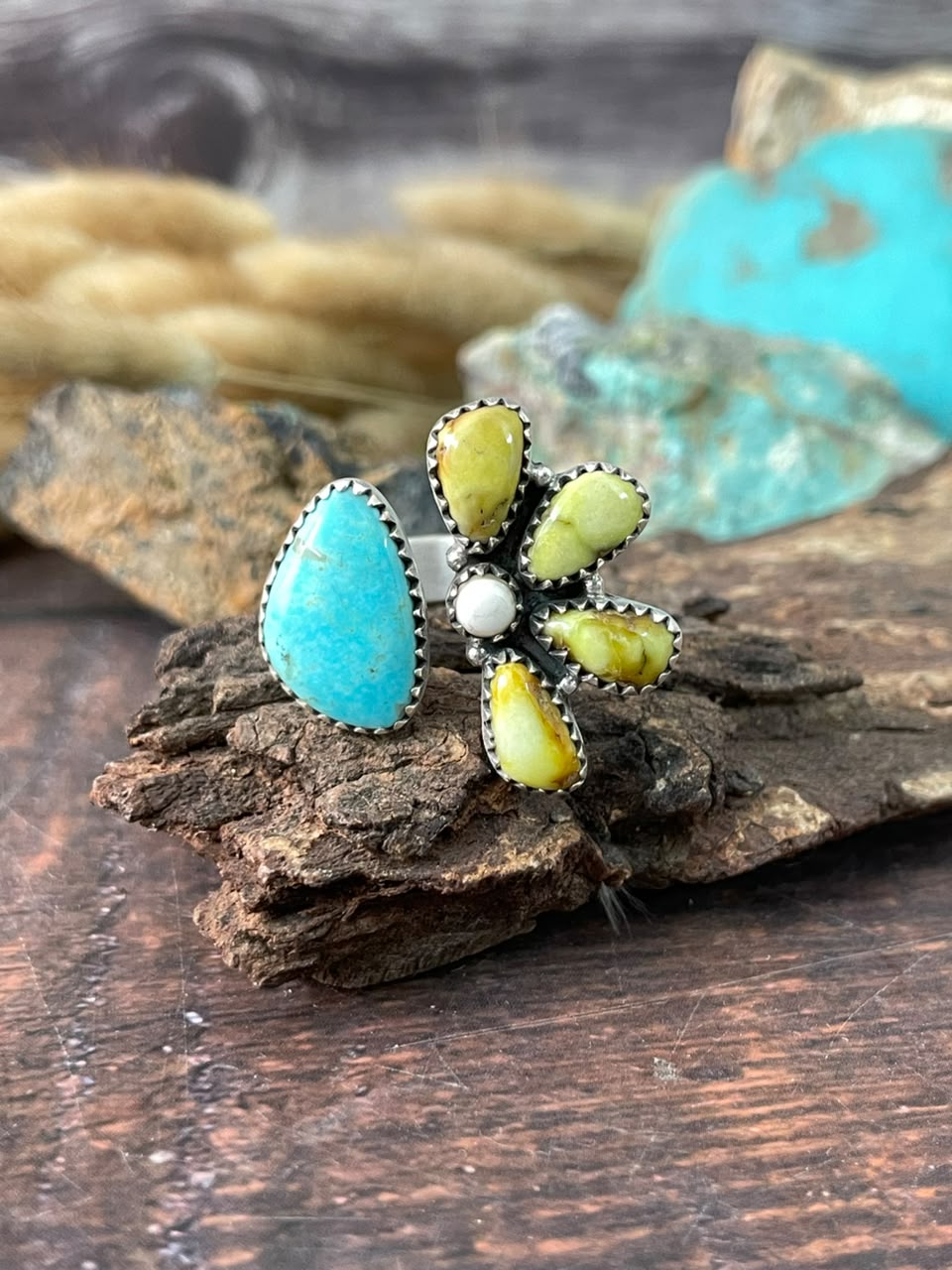 Handmade Sterling Silver Santa Maria with Palomino Turquoise Adjustable Ring Signed Nizhoni