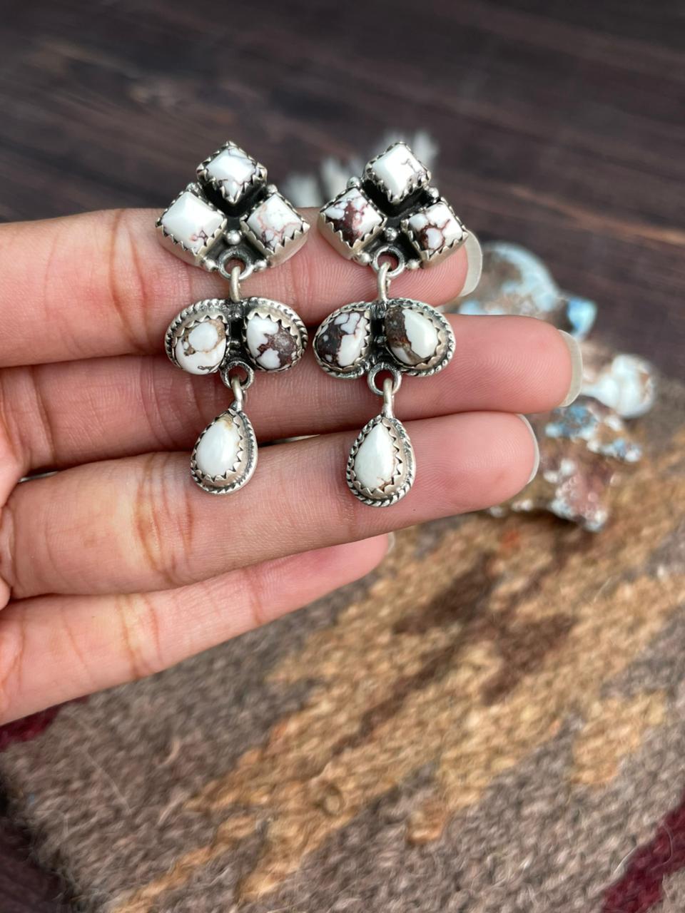 Handmade Sterling Silver Wildhorse Magnesite Post Dangle Earrings "Signed Nizhoni"