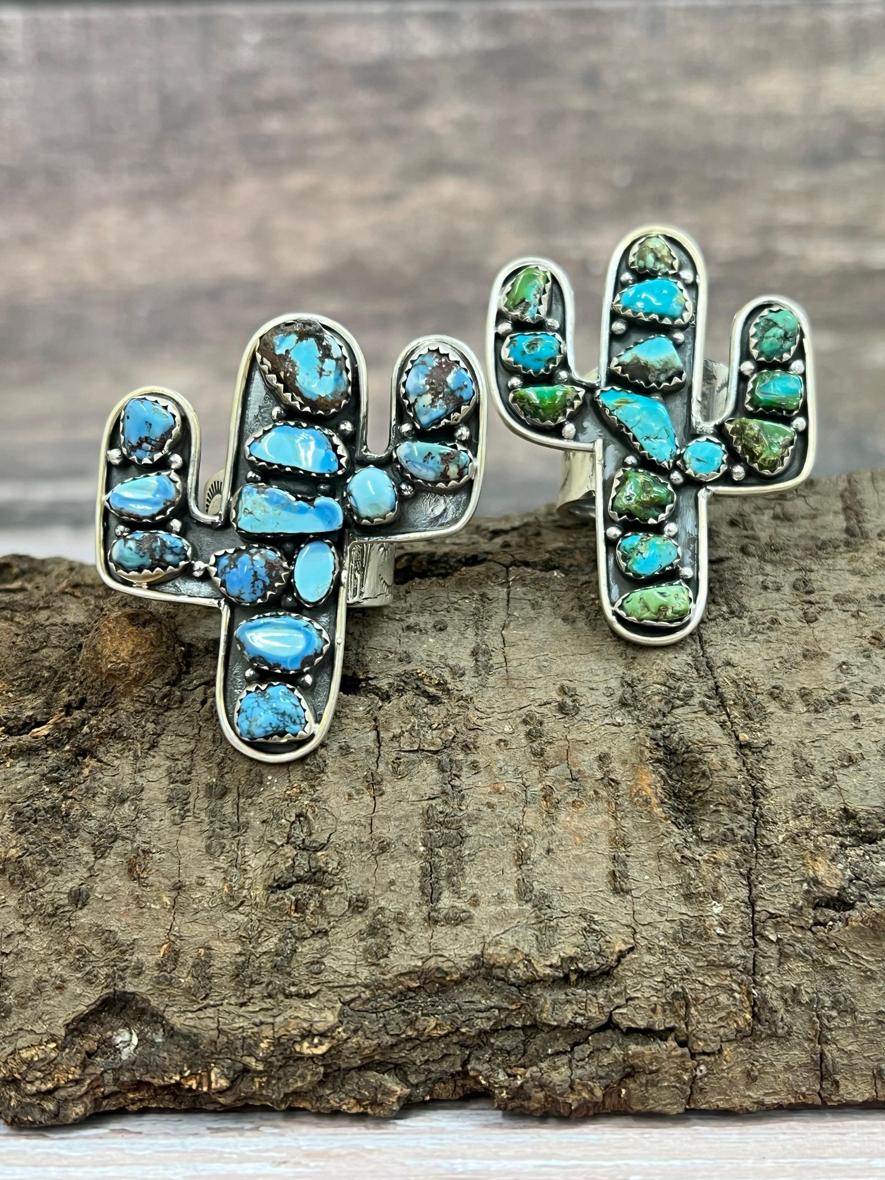Handmade Sterling Silver Golden Hills, Sonoran Mountain Turquoise Cactus Adjustable Ring with Signed Nizhoni
