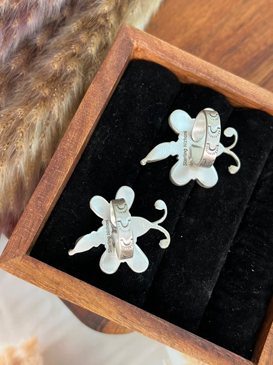 Handmade Sterling Silver Palomino with White Water Turquoise Butterfly Adjustable Ring Signed Nizhoni