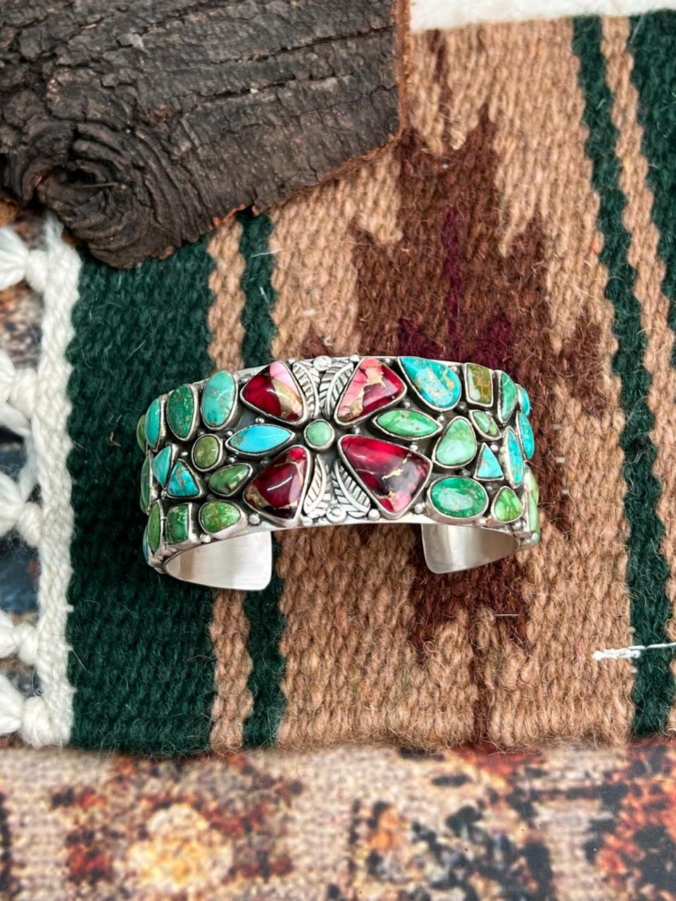 Handmade Sterling Silver Dahlia Rose with Emerald Valley Turquoise Cuff Bracelet "Signed Nizhoni"