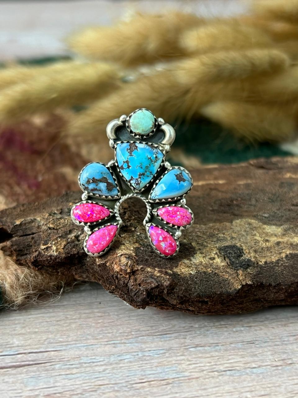 Handmade Sterling Silver Hot Pink with Golden Hills Turquoise Adjustable Ring "Signed Nizhoni"
