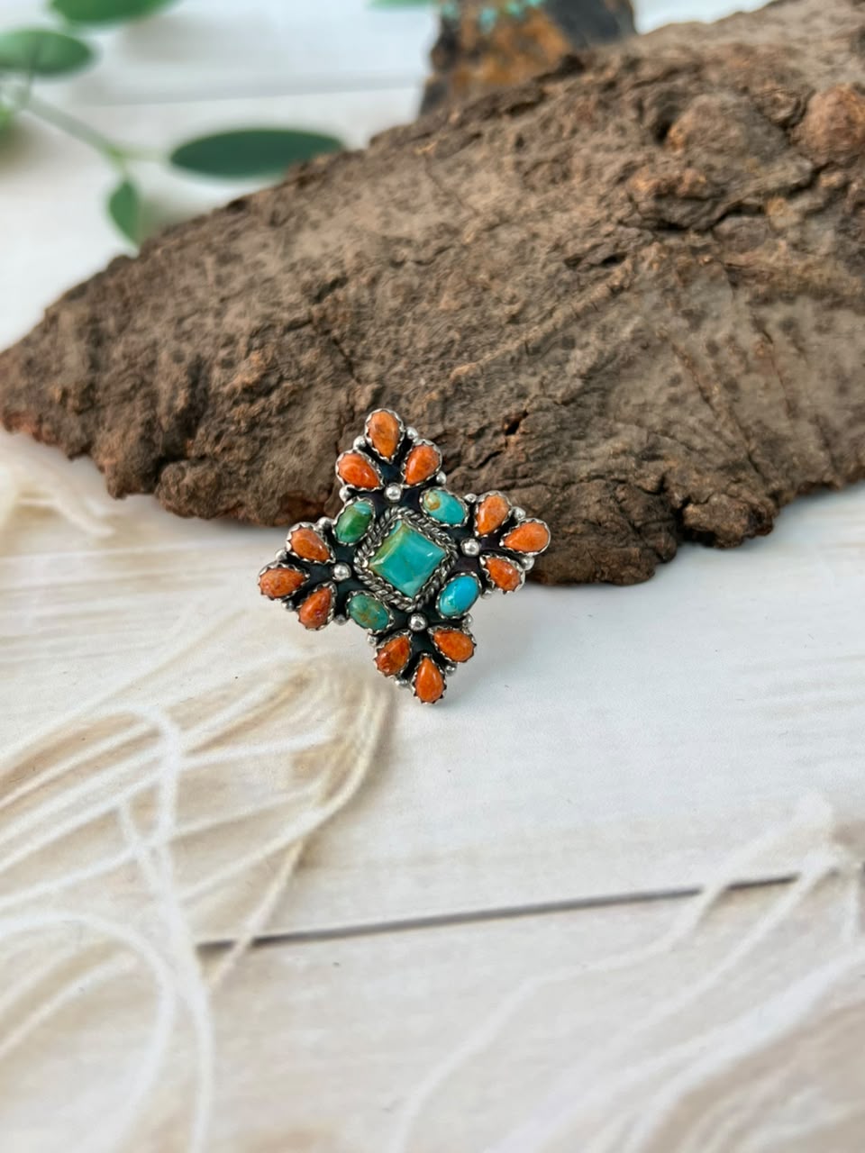 Handmade Sterling Silver Kingman Turquoise with Orange Mojave Adjustable Ring Signed Nizhoni