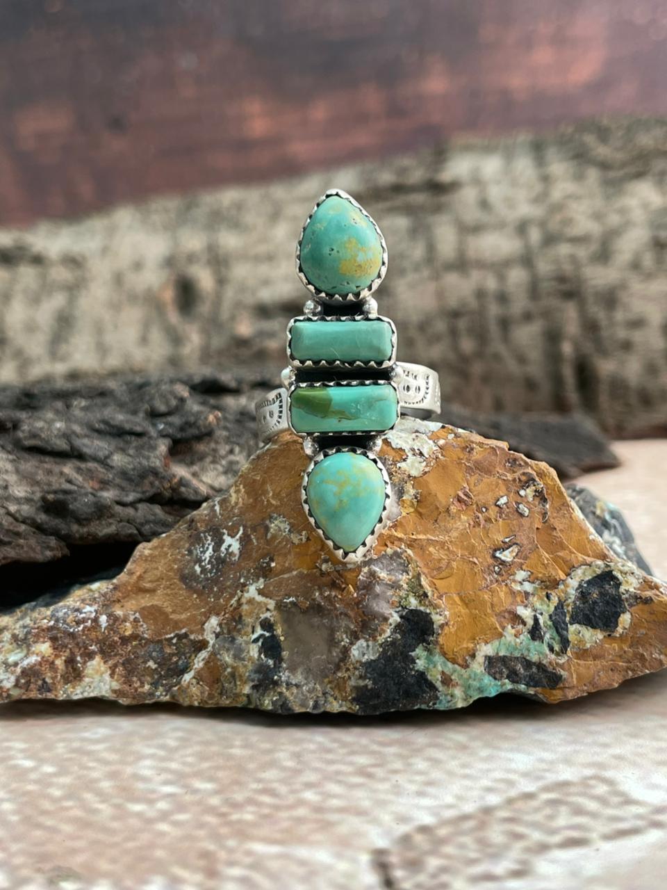 Handmade Sterling Silver Kingman Turquoise Adjustable Ring "Signed Nizhoni"