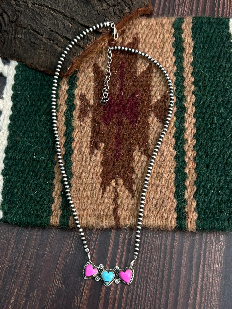 "Heart Collection" Handmade Sterling Silver Beaded Cotton Candy Necklace "Signed Nizhoni"