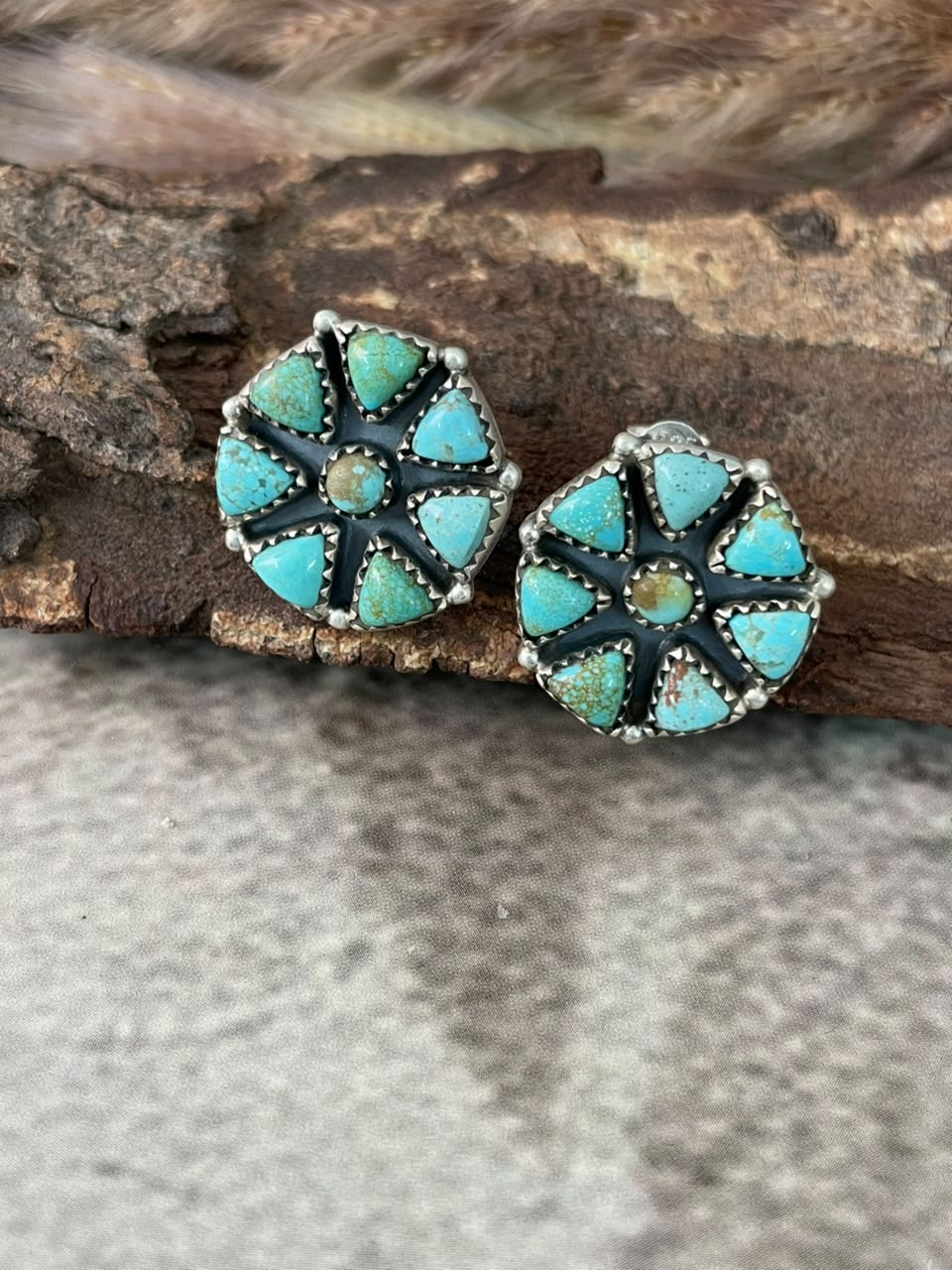 Handmade Sterling Silver Number 8 Turquoise Collection: Post Studs Earrings Signed Nizhoni