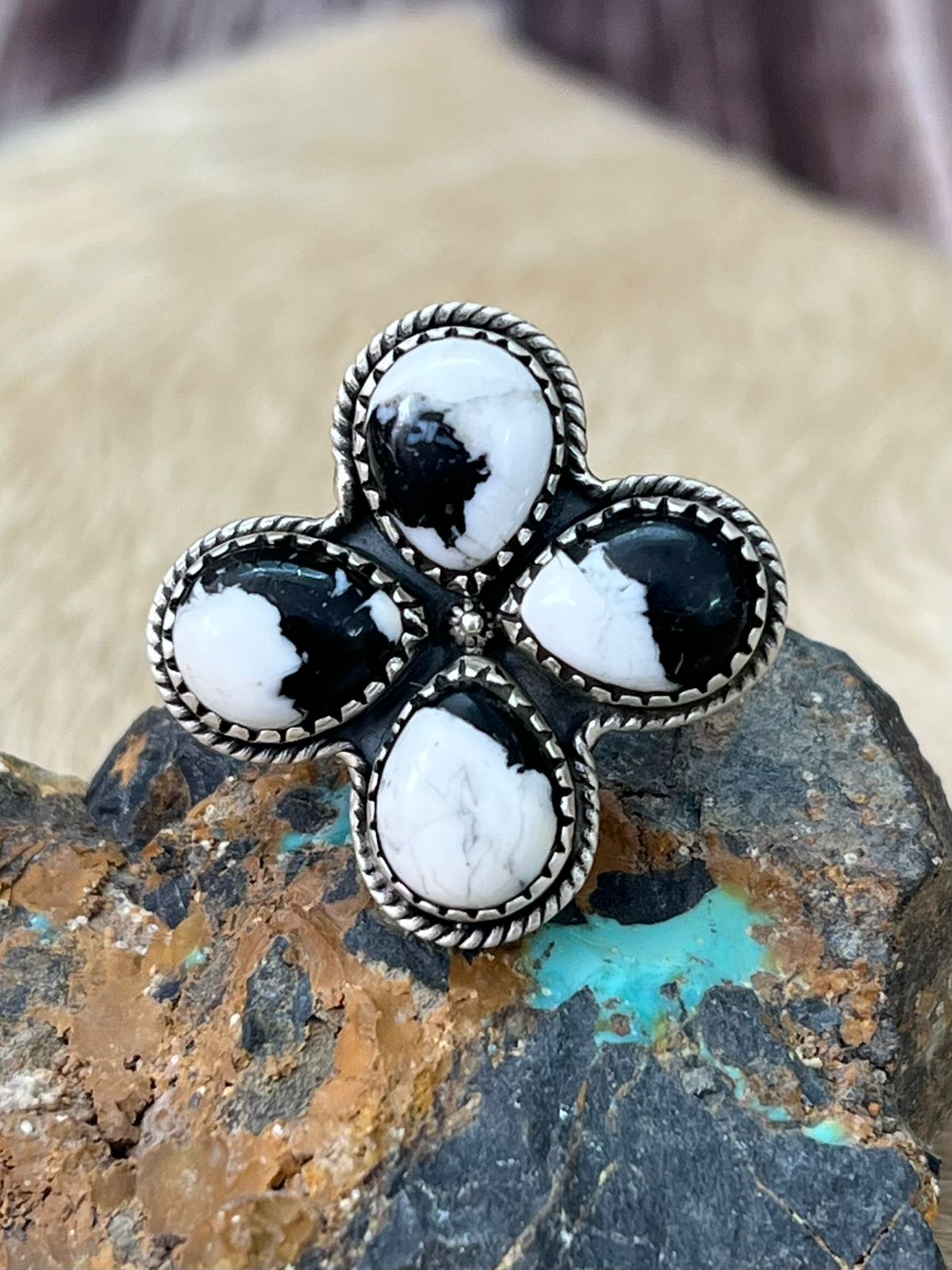 Handmade Sterling Silver White Buffalo Adjustable Ring "Signed Nizhoni"