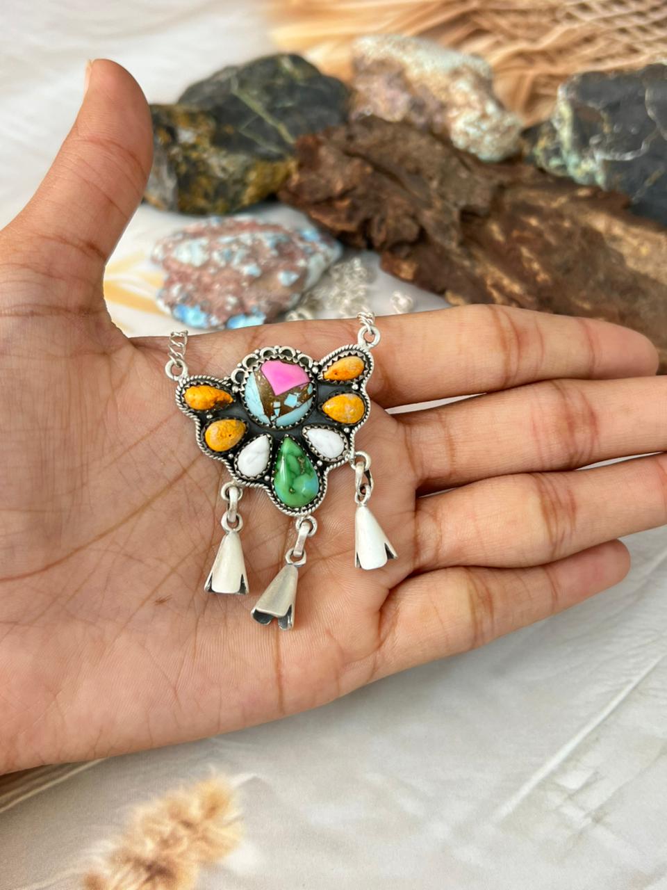Handmade Sterling Silver Spring Collection: White Buffalo with Cotton Candy, Bumblebee and Sonoran Necklace "Signed Nizhoni"