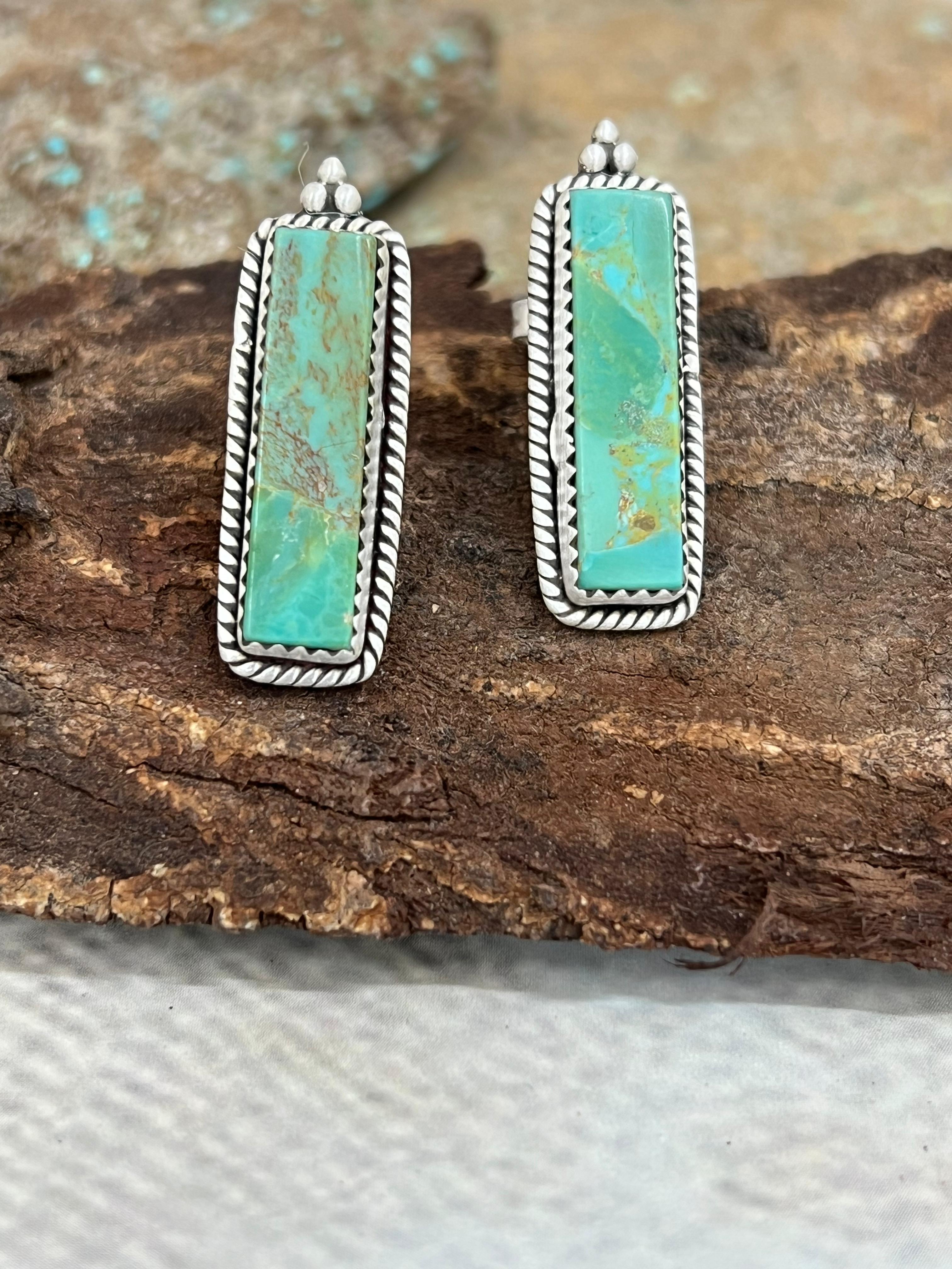 Handmade Sterling Silver Kingman Turquoise Post Studs with Signed Nizhoni