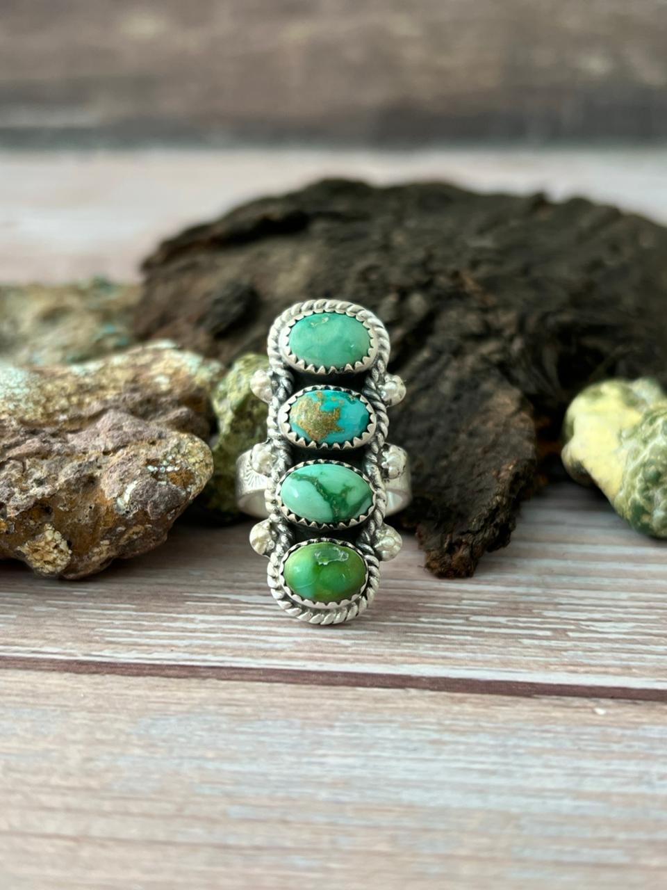 Handmade Sterling Silver Emerald Valley Turquoise Adjustable Ring With Signed Nizhoni