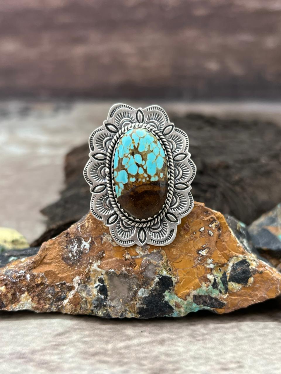 Handmade Sterling Silver Number 8 Turquoise Adjustable Ring "Signed Nizhoni"