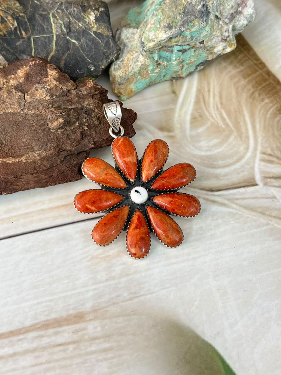 Handmade Sterling Silver Orange Mojave with White Buffalo Pendant Signed Nizhoni