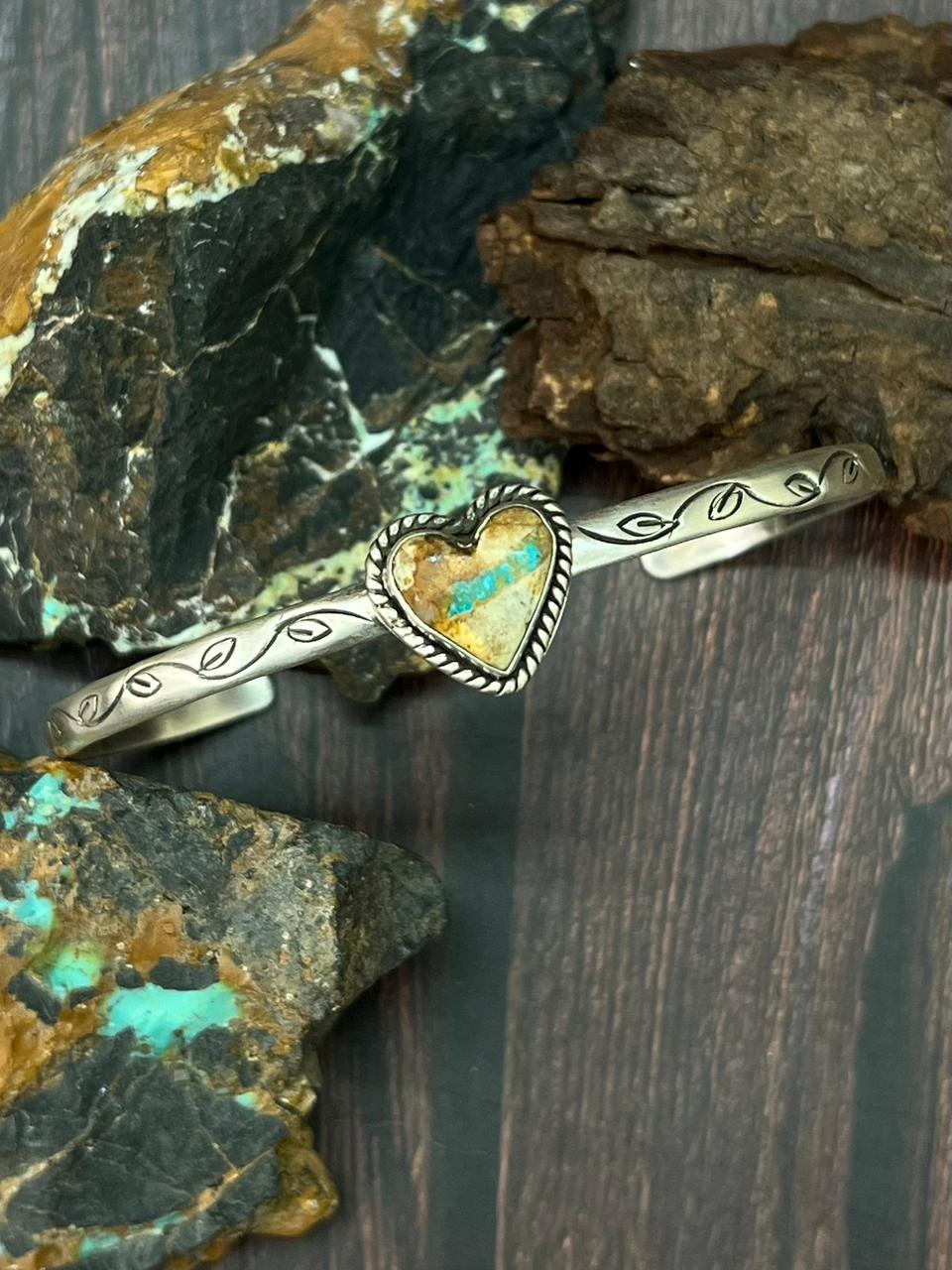Handmade Sterling Silver Royston Ribbon Turquoise Heart Cuff Bracelet "Signed Nizhoni"