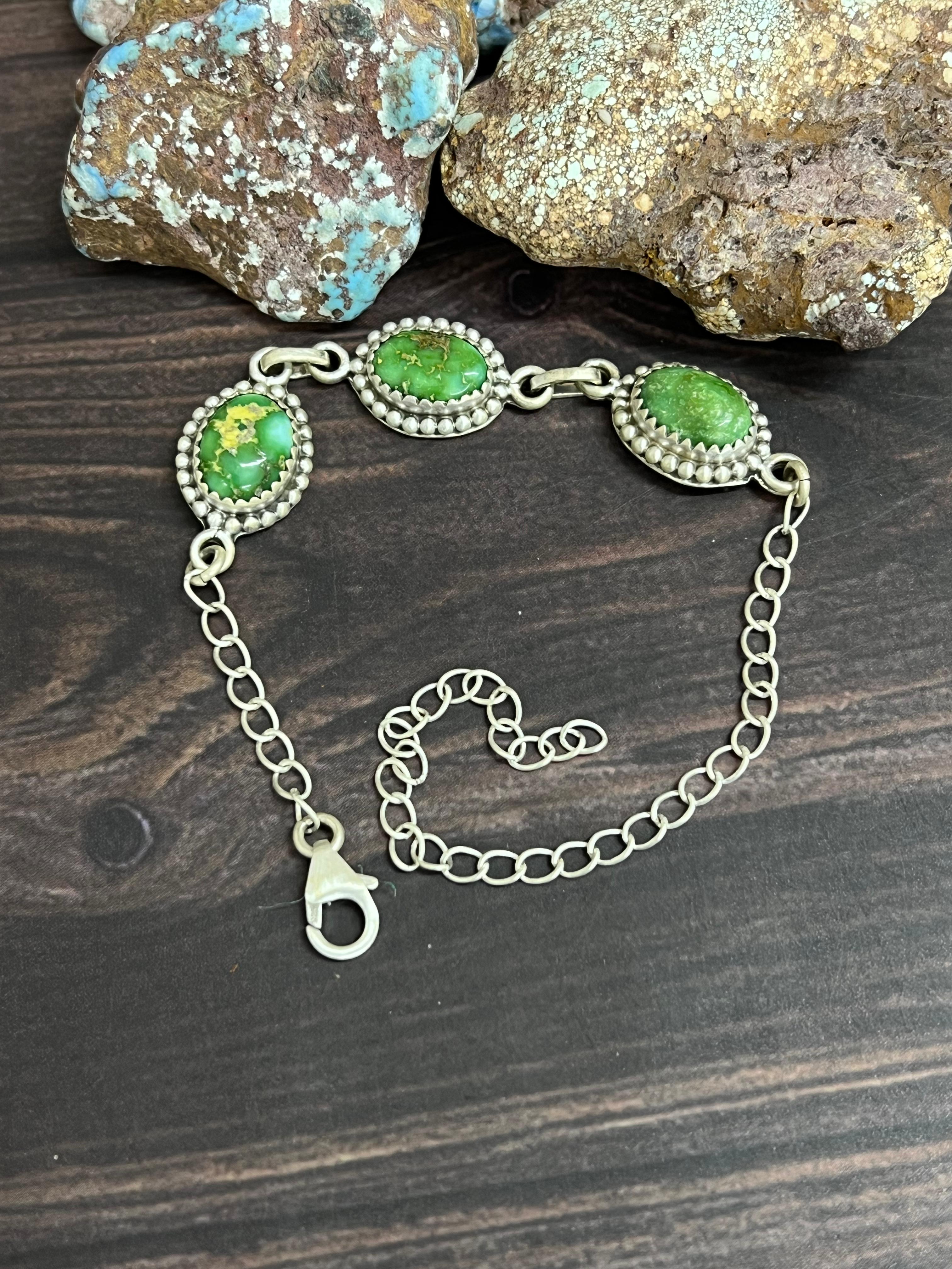 Handmade Sterling Silver Sonoran Mountain Turquoise Chain Bracelet with Signed Nizhoni