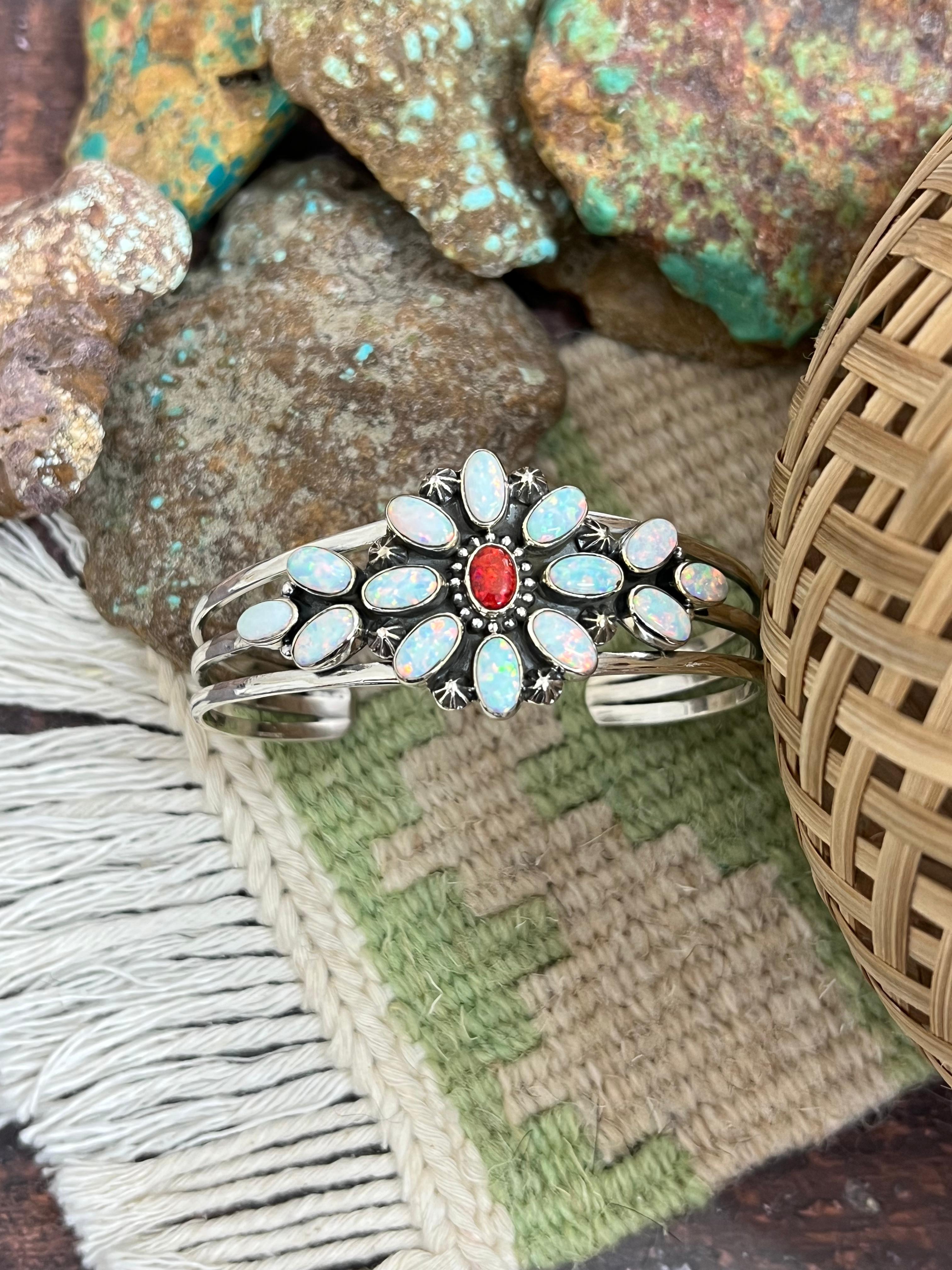 ** 4TH OF JULY ** Handmade Sterling Silver Synthetic Opal Cuff Bracelet with Signed Nizhoni