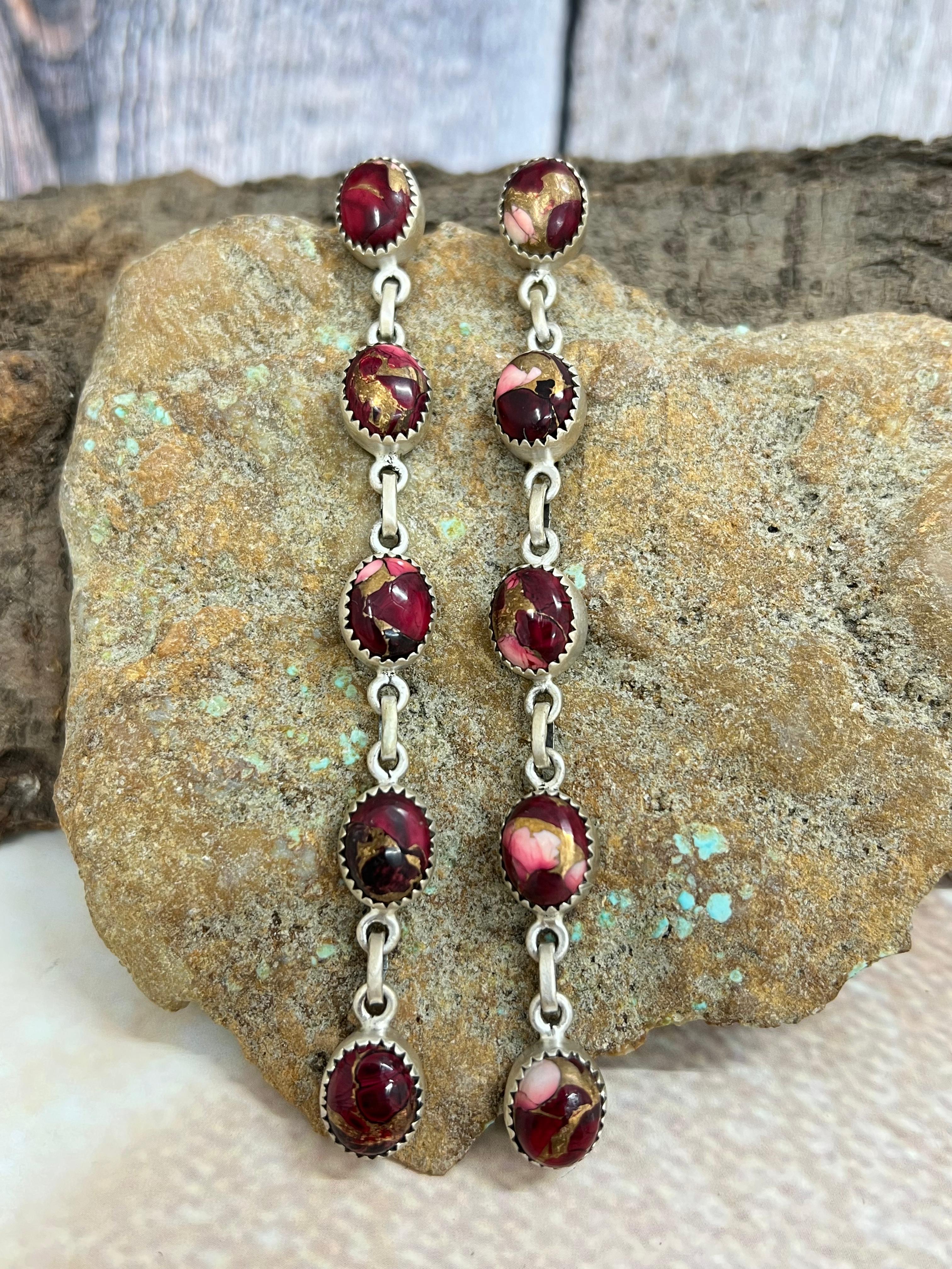 Handmade Sterling Silver Dahlia Rose Dangle Earrings with Signed Nizhoni