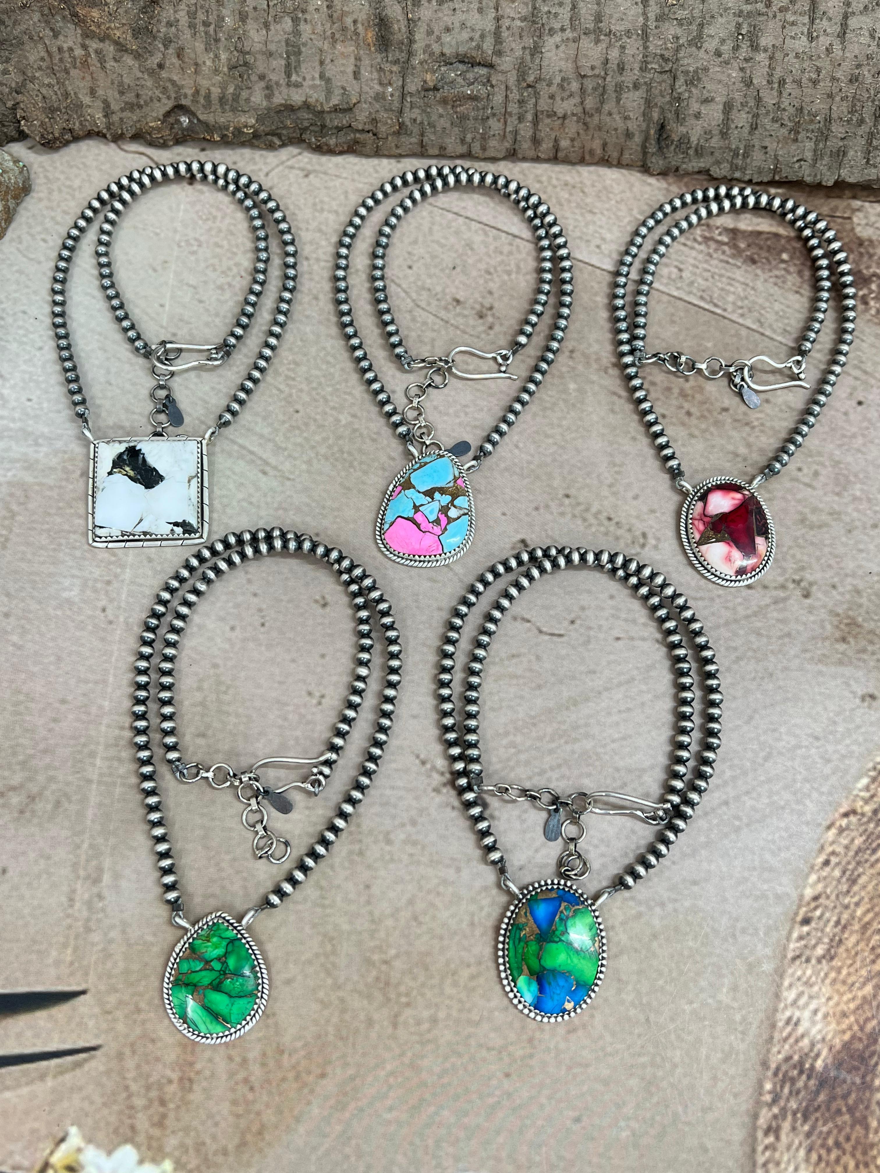 Handmade Sterling Silver Multi Stone Beaded Necklace, Signed Nizhoni