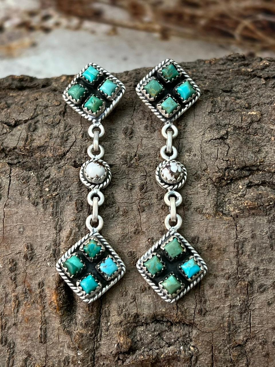 Handmade Sterling Silver Kingman Turquoise Post Dangle Earrings "Signed Nizhoni"