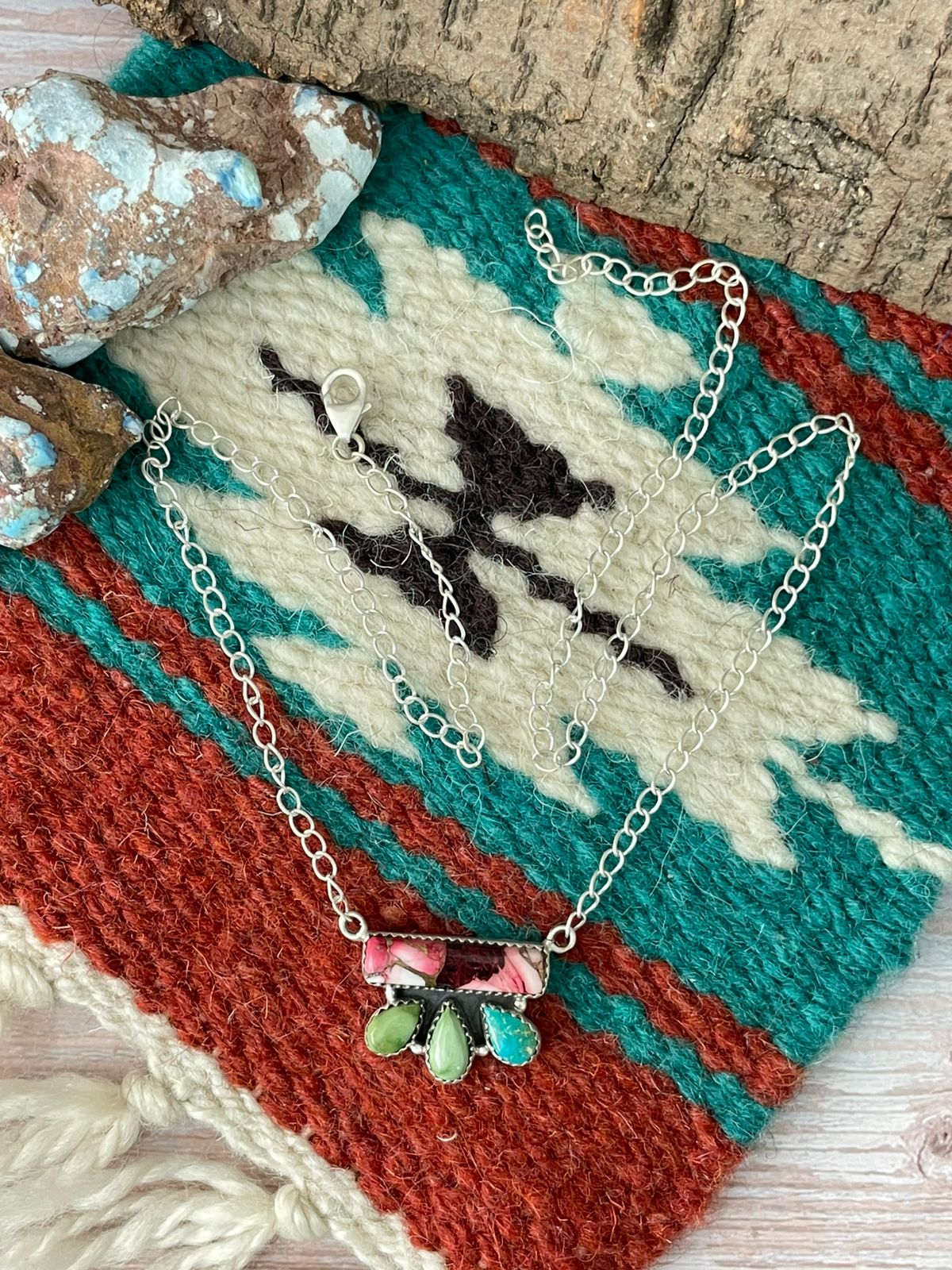 Handmade Sterling Silver Dahlia Rose with Emerald Valley Turquoise Necklace "Signed Nizhoni"