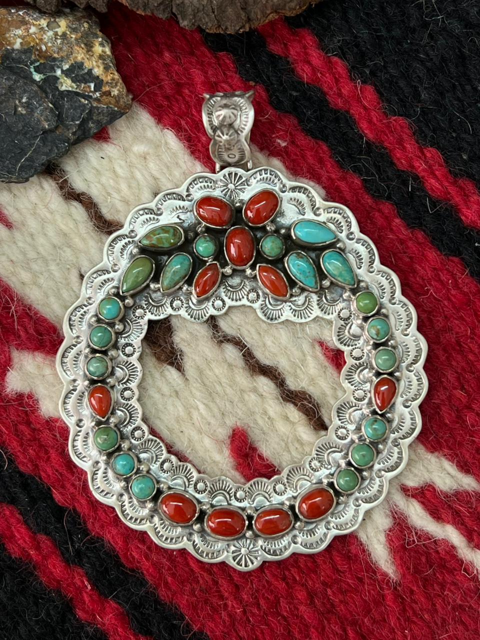 "Christmas Collection" Handmade Sterling Silver Kingman with Coral Pendant "Signed Nizhoni"