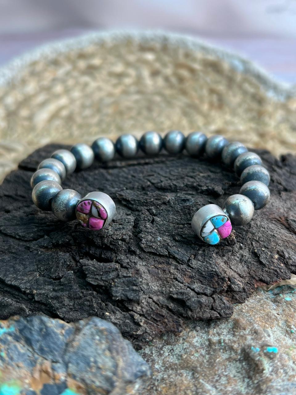 Handmade Sterling Silver Beaded Cotton Candy Cuff Bracelet "Signed Nizhoni"