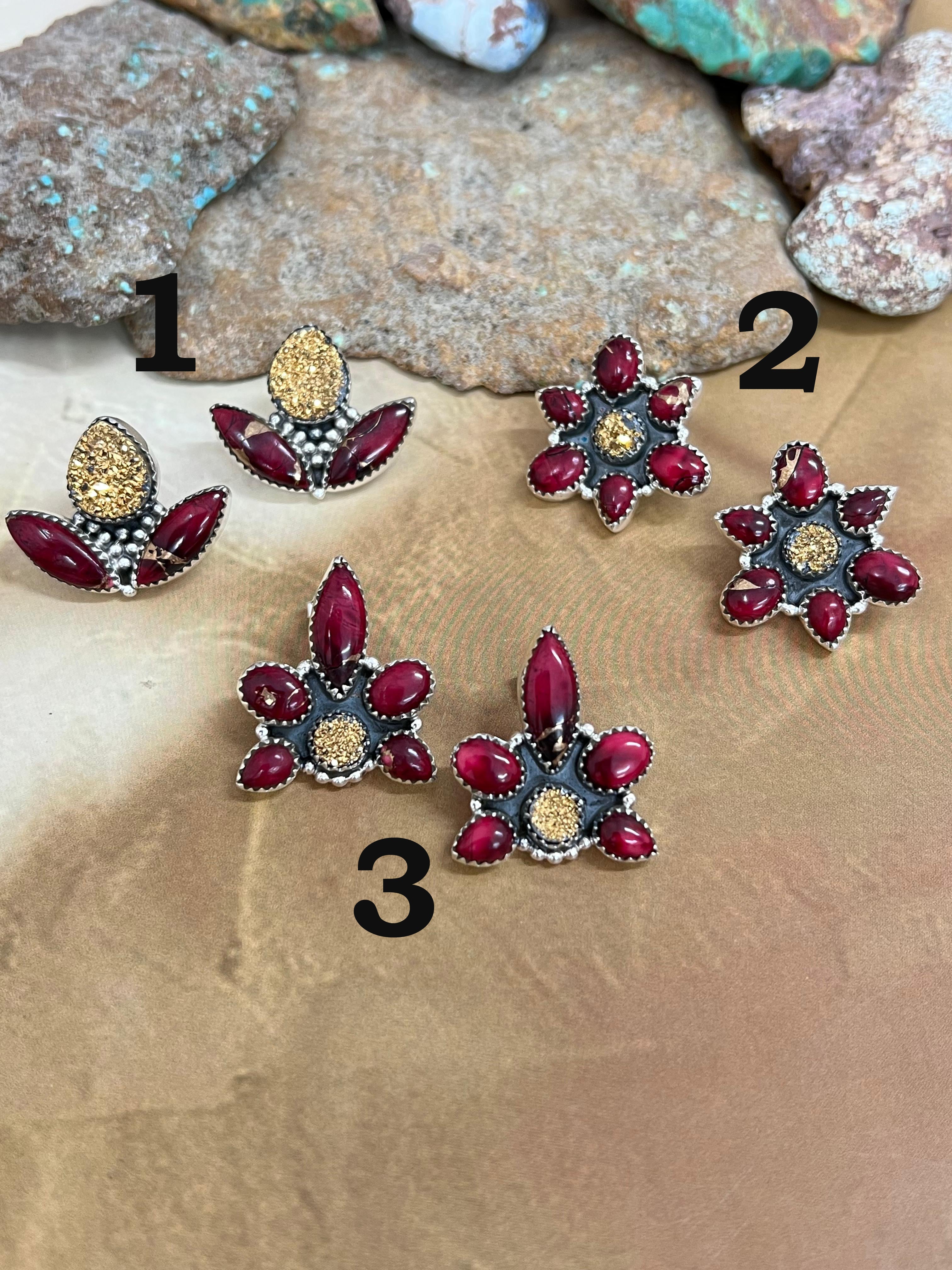 Handmade Sterling Silver Dahlia Rose with Druzy Studs, Signed Nizhoni