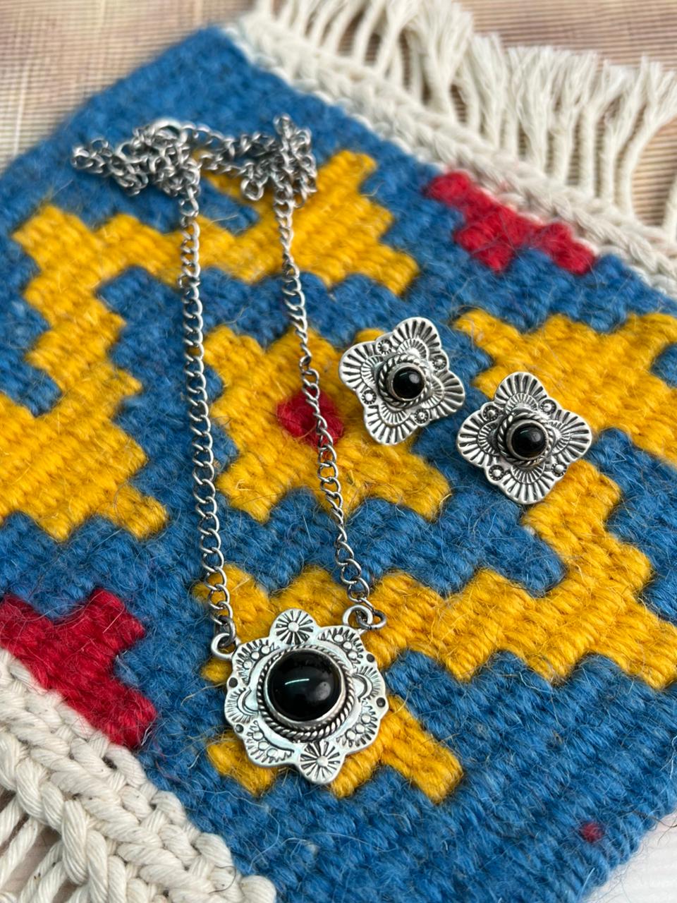 Handmade Sterling Silver Black Onyx Necklace Earrings Set "Signed Nizhoni"