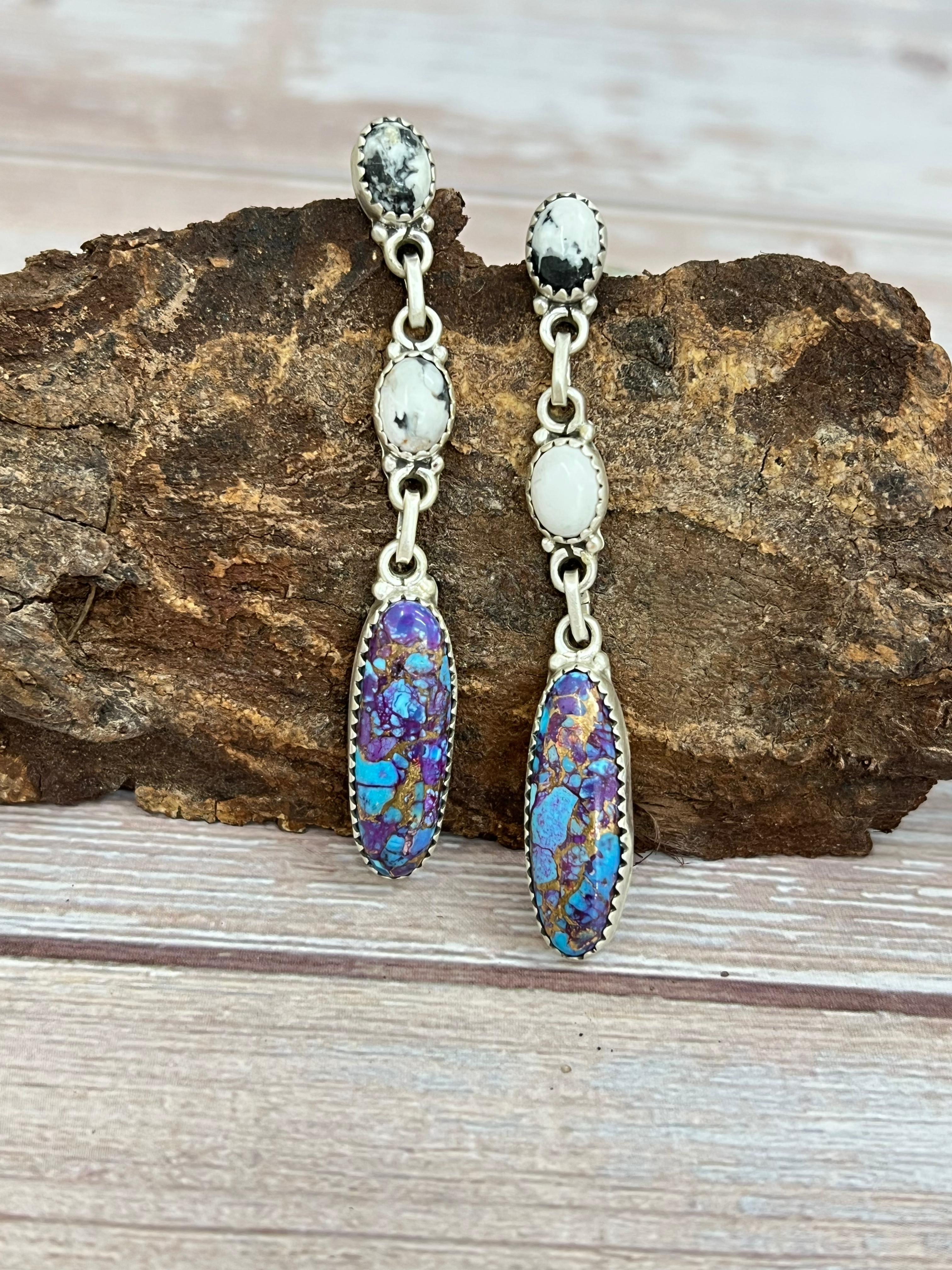 Handmade Sterling Silver Purple Kingman Mojave with White Buffalo Turquoise Dangle Earrings, Signed Nizhoni