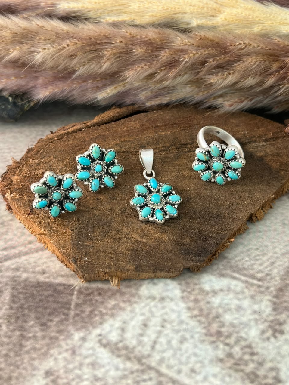 Handmade Sterling Silver Kingman Turquoise Pendant Ring and Earrings Set Signed Nizhoni
