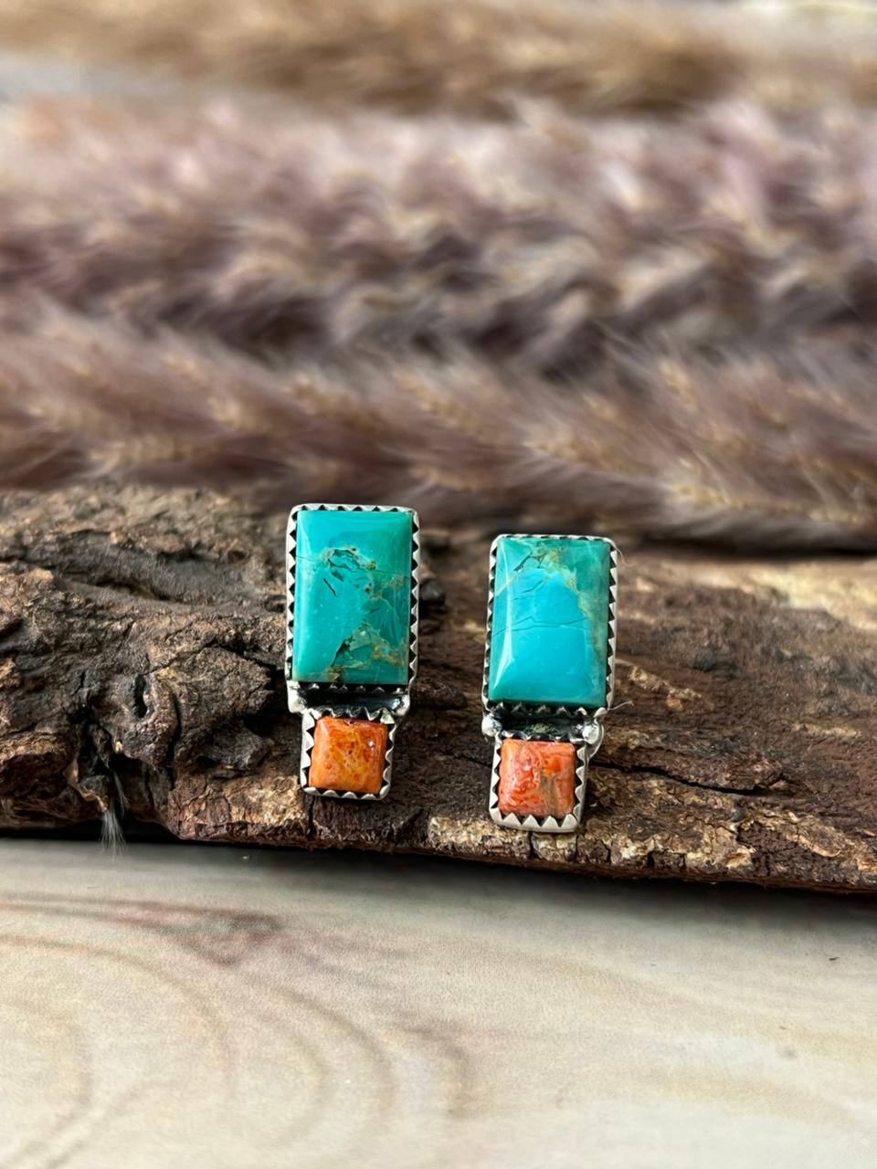 Handmade Sterling Silver Orange Mojave with Kingman Turquoise Post Studs Earrings Signed Nizhoni