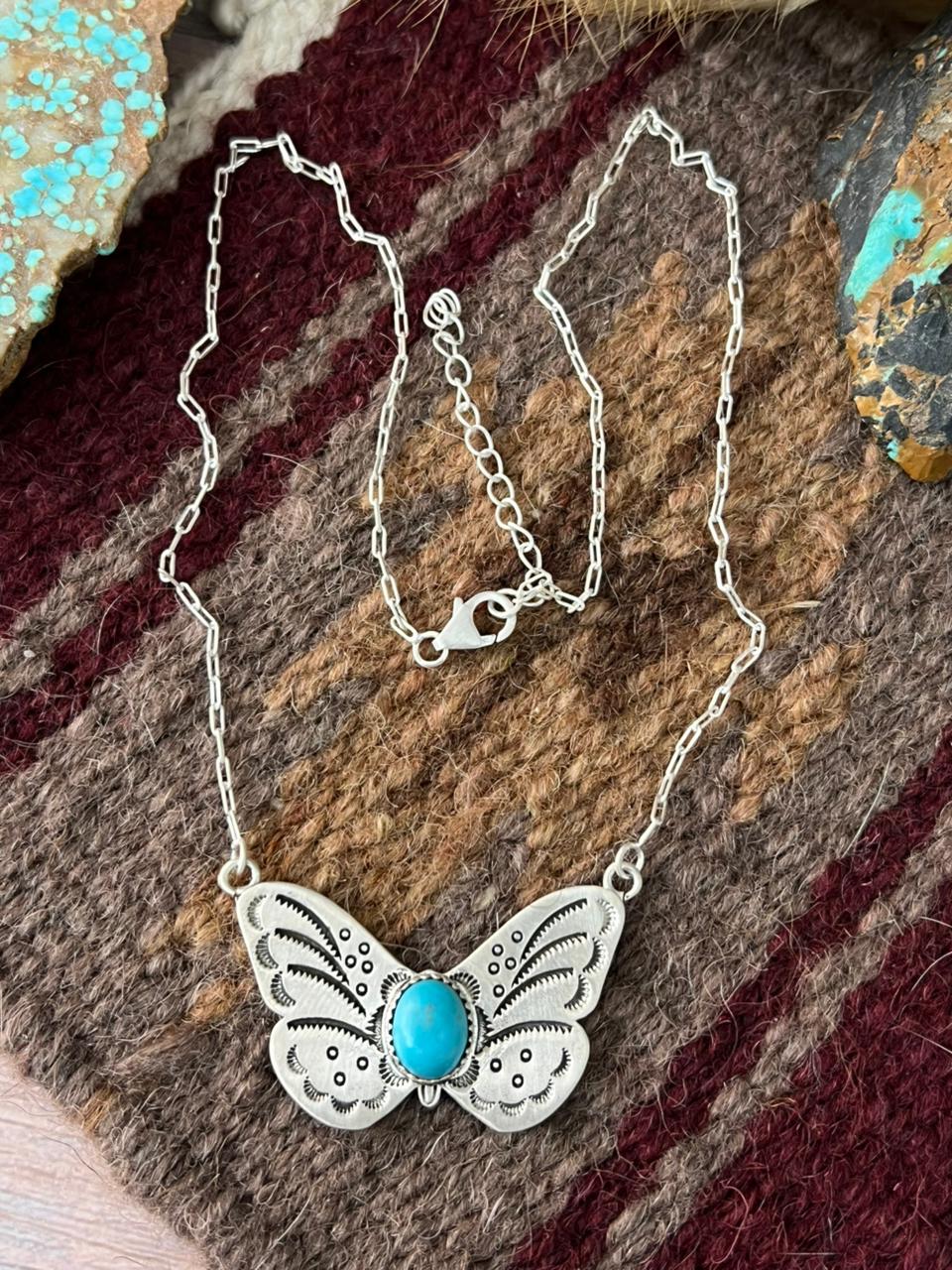 Handmade Sterling Silver Blue Turquoise Butterfly Necklace "Signed Nizhoni"