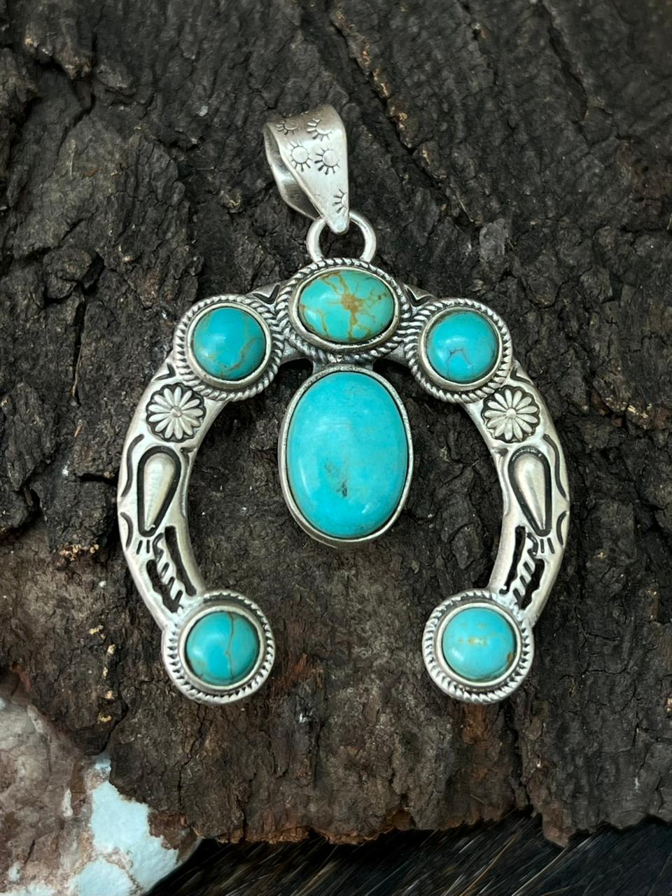 Handmade Sterling Silver Kingman Turquoise Naja Pendant "Signed Nizhoni" (3)