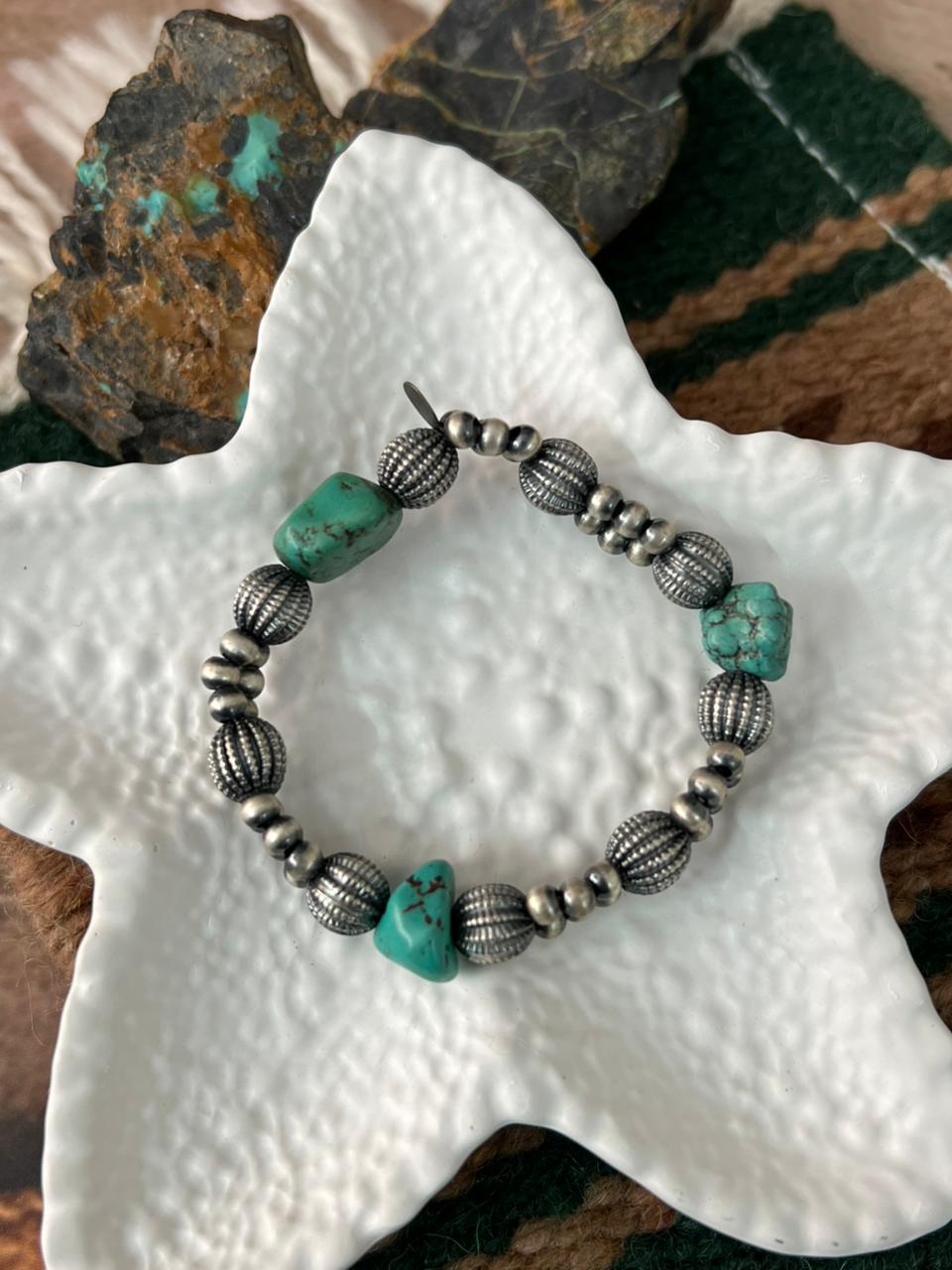 Handmade Sterling Silver Kingman Turquoise Beaded Stretch Bracelet