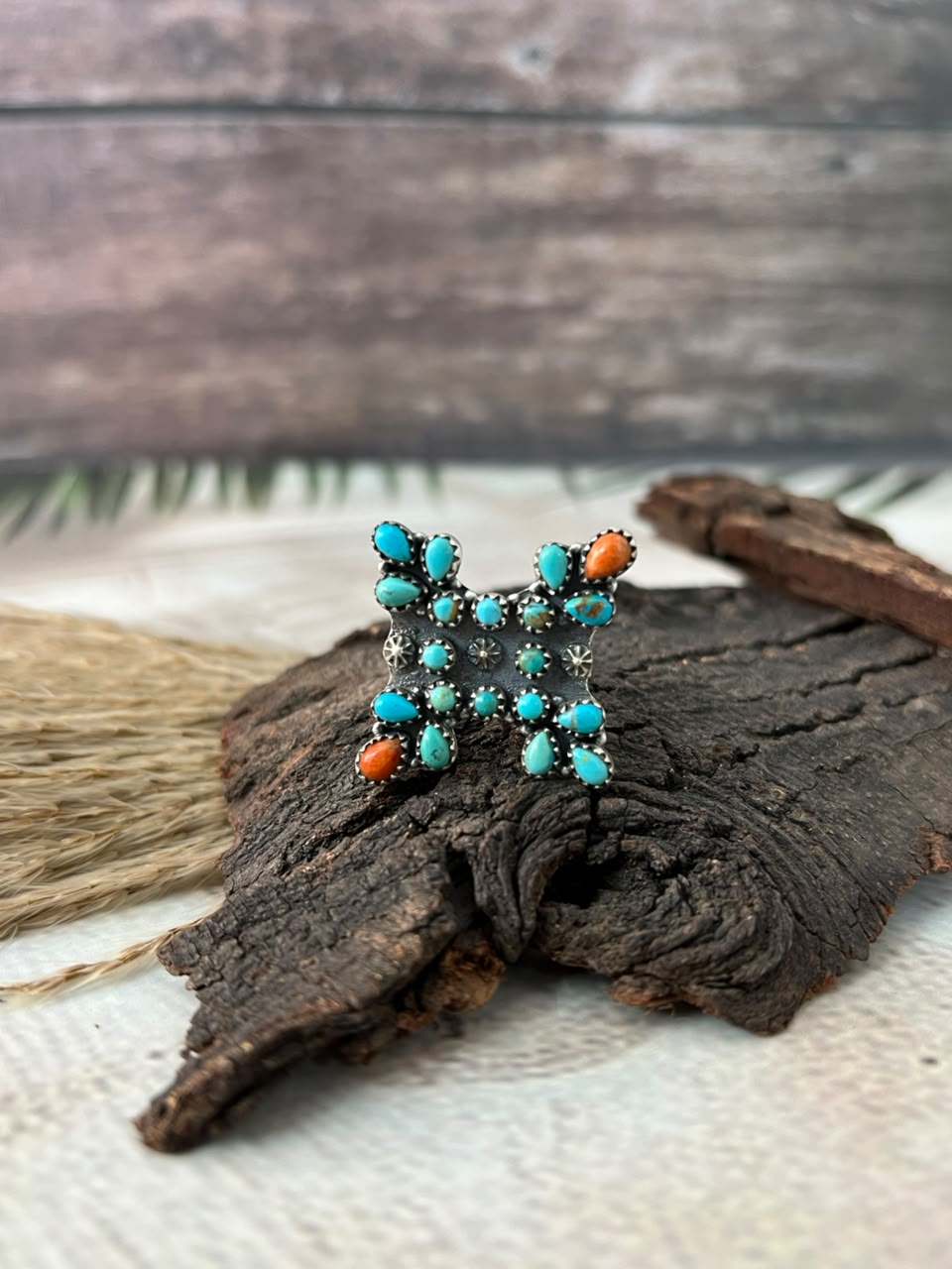Handmade Sterling Silver Orange Mojave with Kingman Turquoise Adjustable Ring Signed Nizhoni