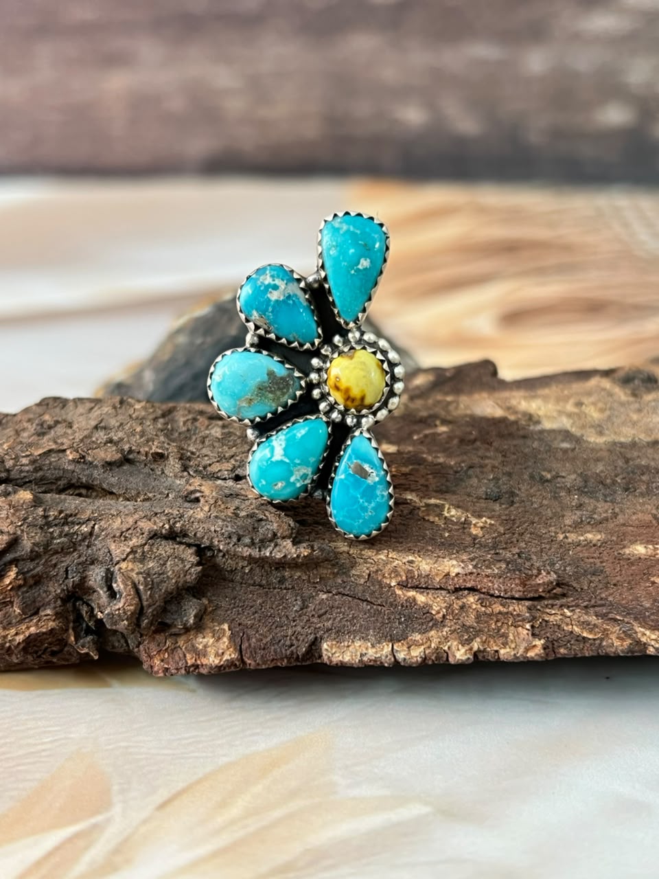 Handmade Sterling Silver White Water with Palomino Turquoise Adjustable Ring Signed Nizhoni