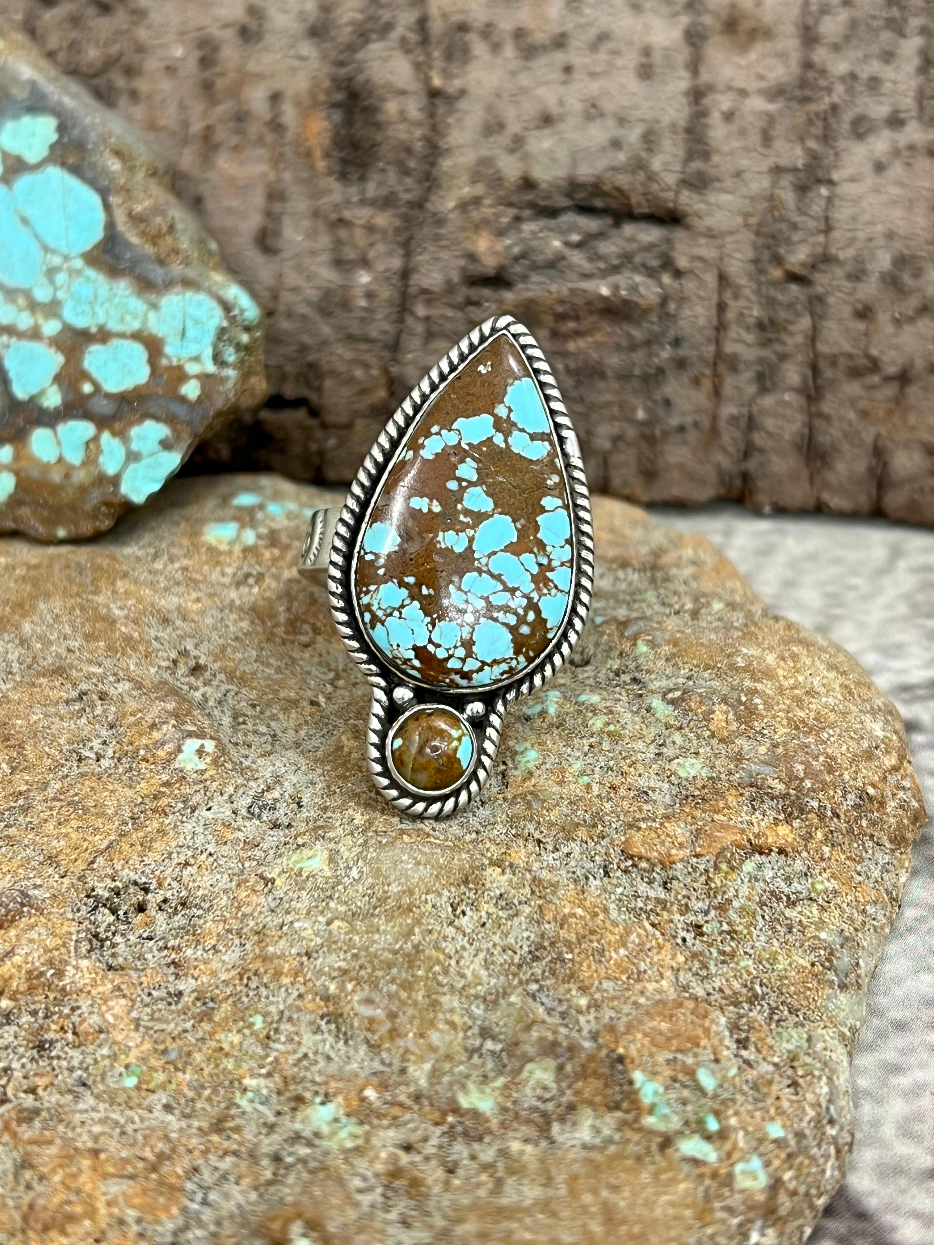 Handmade Sterling Silver Number 8 Turquoise Adjustable Ring with Signed Nizhoni