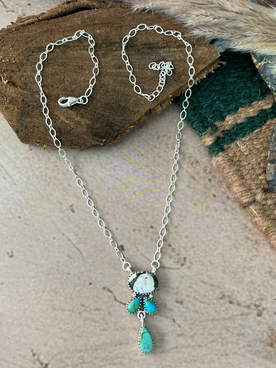 Handmade Sterling Silver Kingman Turquoise with White Buffalo Necklace Signed Nizhoni